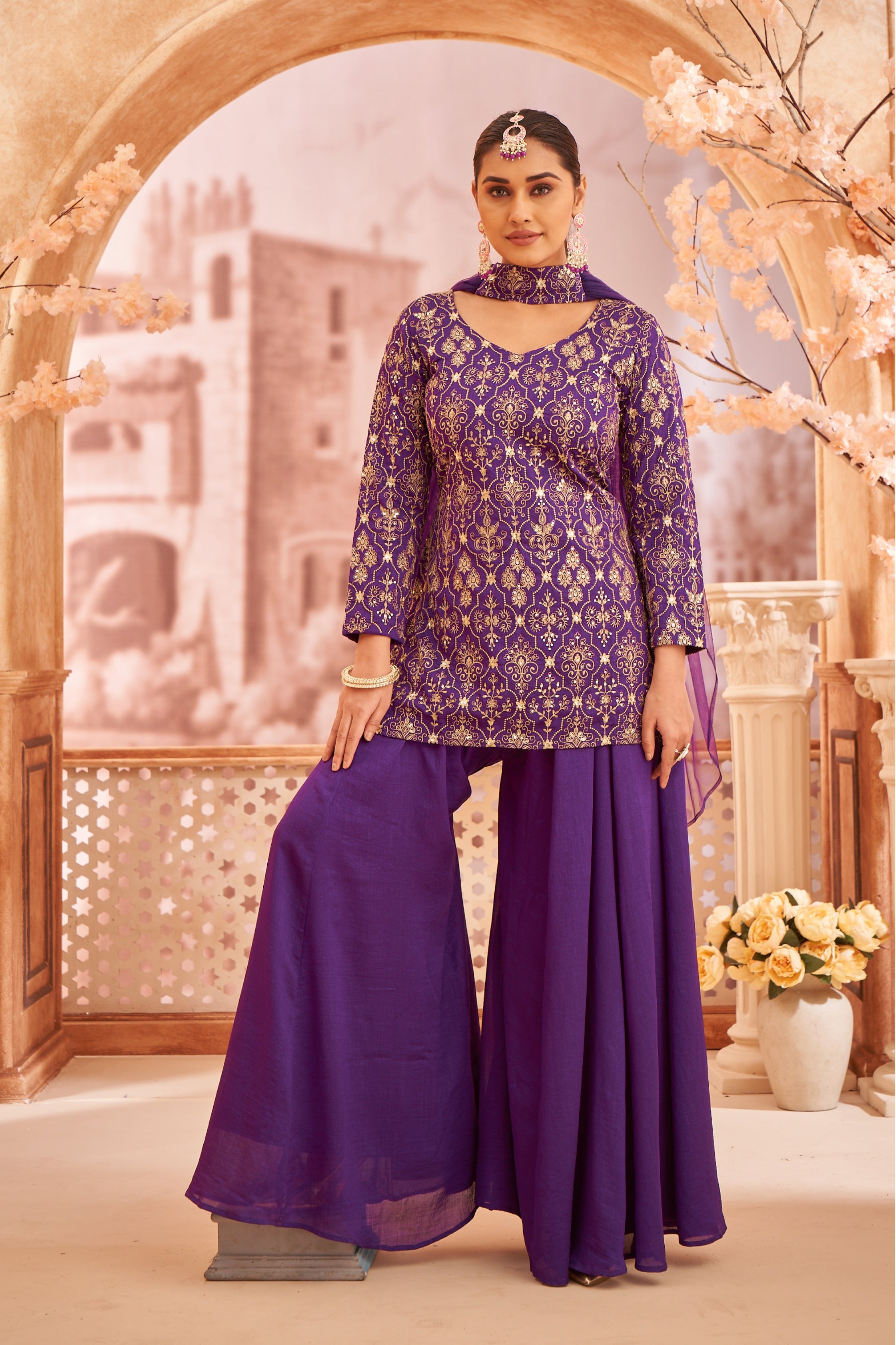 Women's Purple Silk Blend Embroidered Sharara set with dupatta