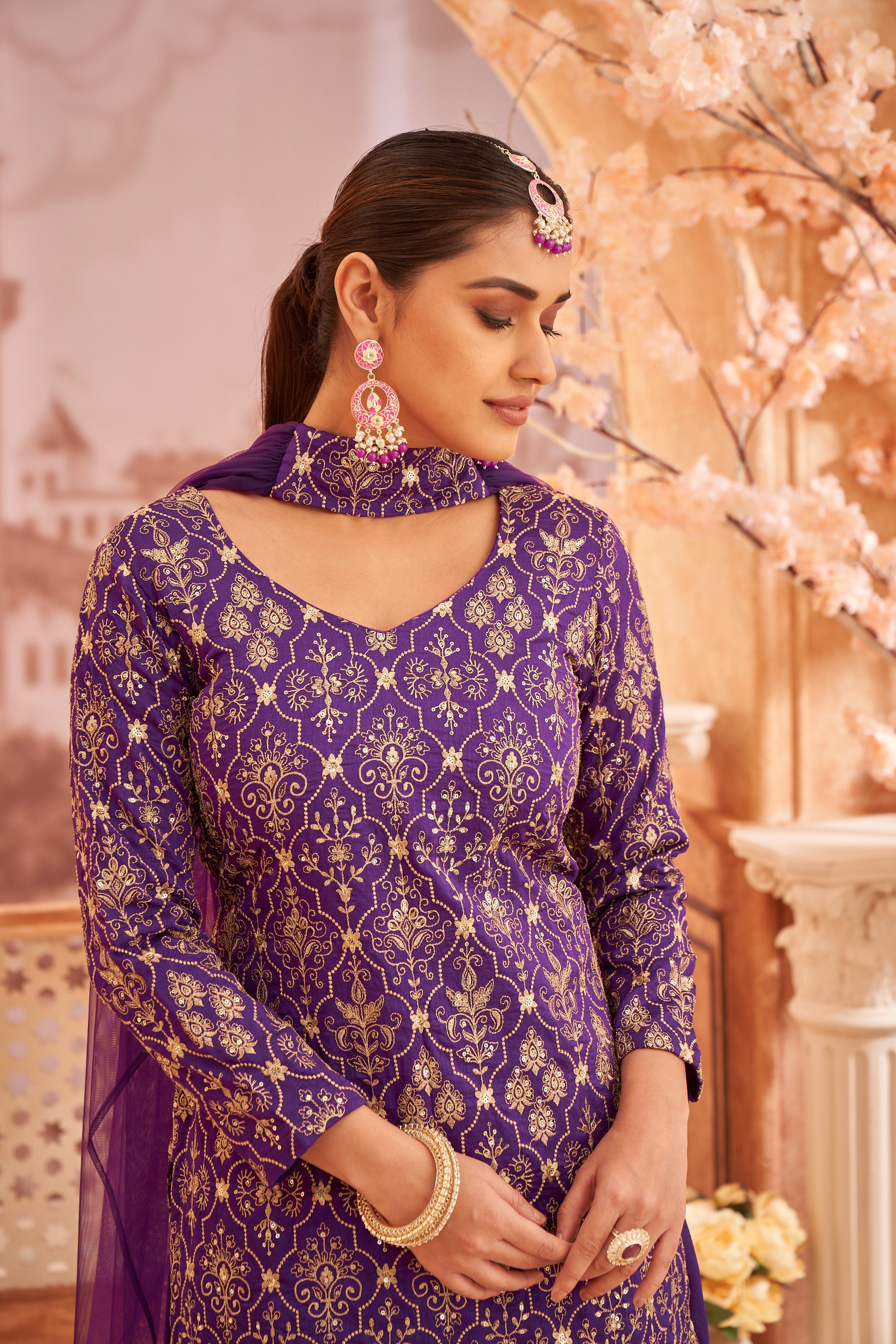Women's Purple Silk Blend Embroidered Sharara set with dupatta