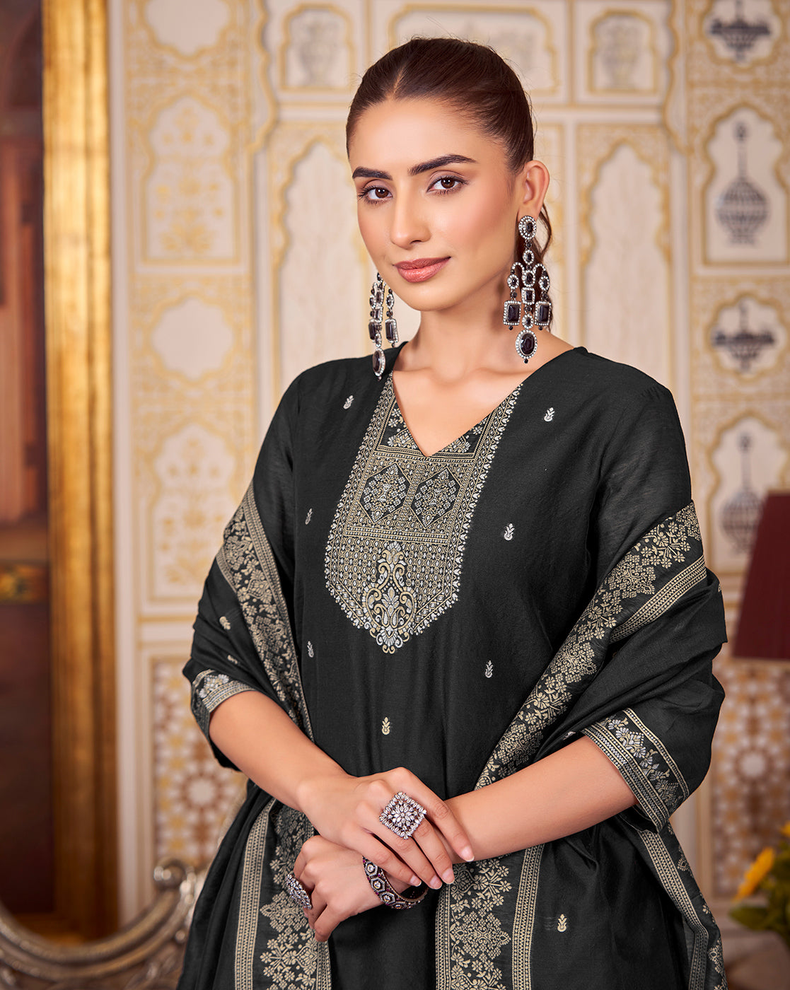 Women's Black Silk Blend Woven Design Kurta with Trouser & Woven Dupatta