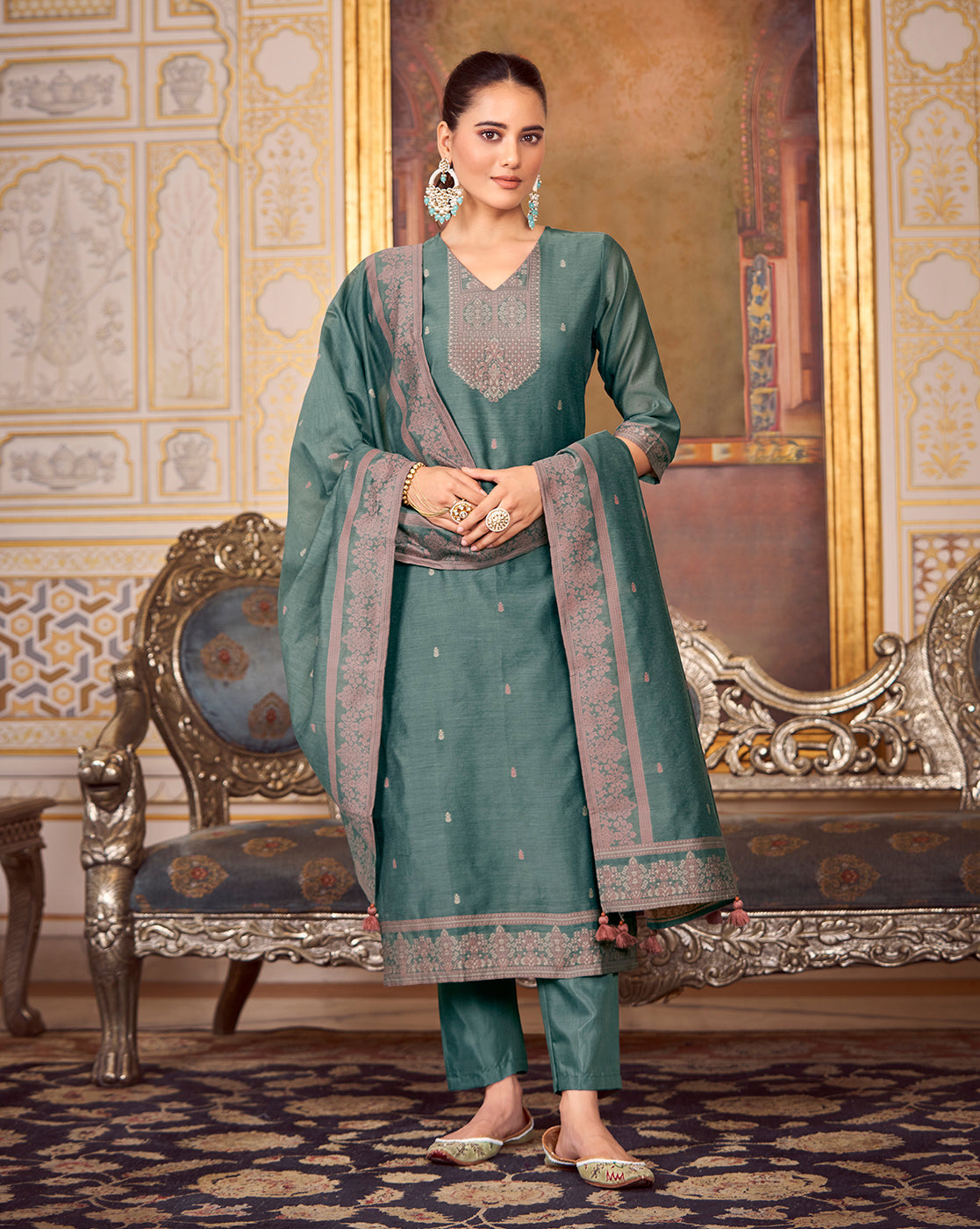 Women's Teal Silk Blend Woven Design Kurta with Trouser & Woven Dupatta