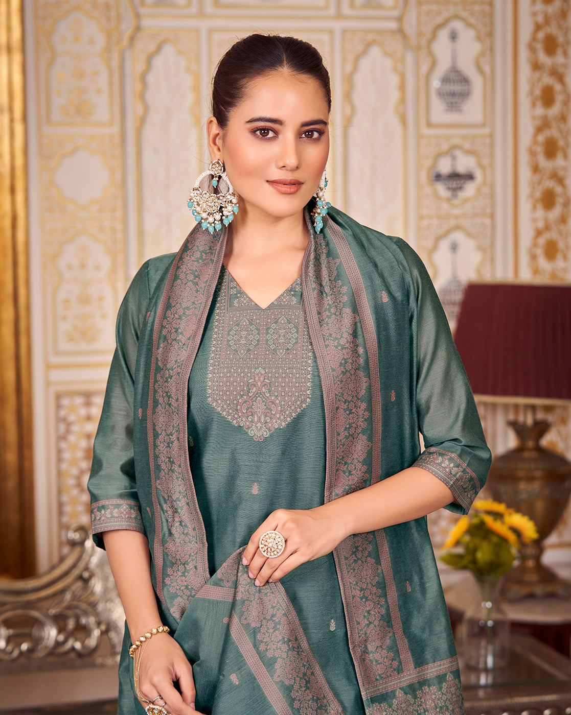 Women's Teal Silk Blend Woven Design Kurta with Trouser & Woven Dupatta