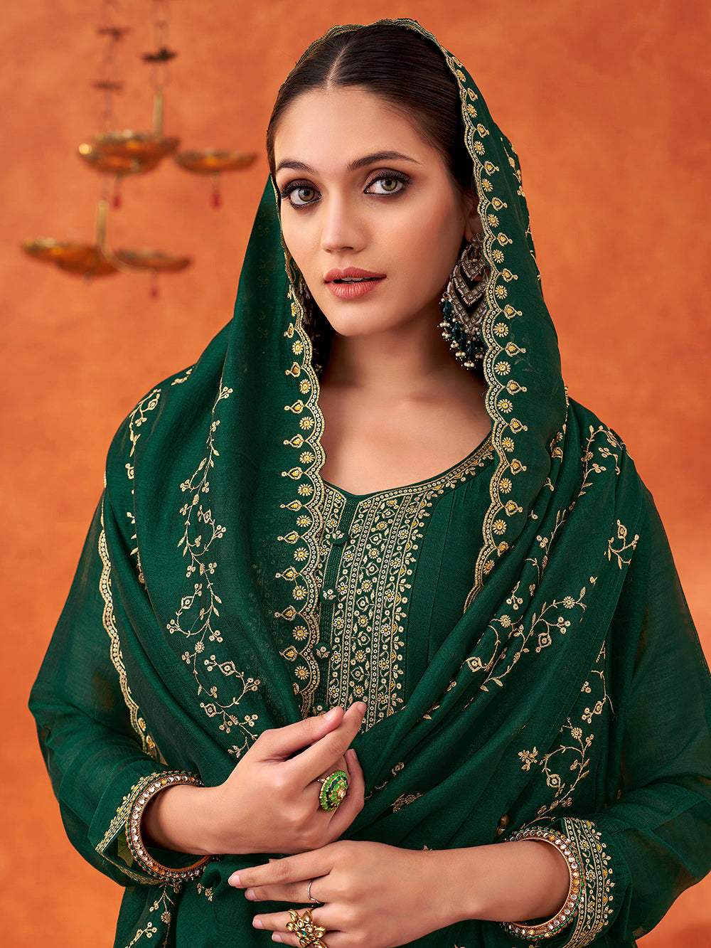 Women's Dark Green Silk Blend Sequence Embroidered Kurta and dupatta with scallop edge