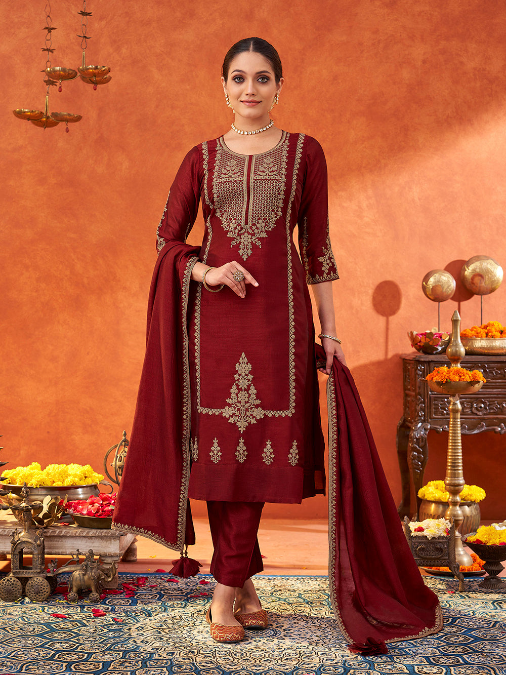 Women's Maroon Silk Blend Embroidered Kurta set with dupatta