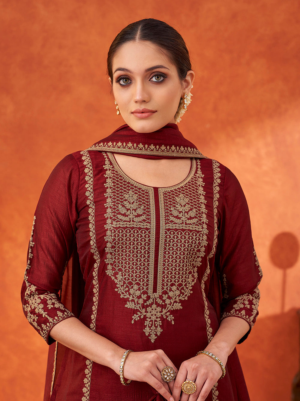 Women's Maroon Silk Blend Embroidered Kurta set with dupatta