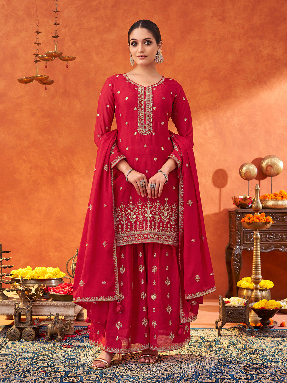 Women's Pink Poly chiffon Sequence Embroidered Sharara set with dupatta