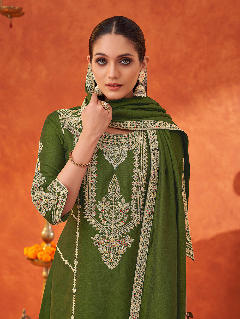 Women's Mehndi Silk Blend Embroidered Kurta set with dupatta