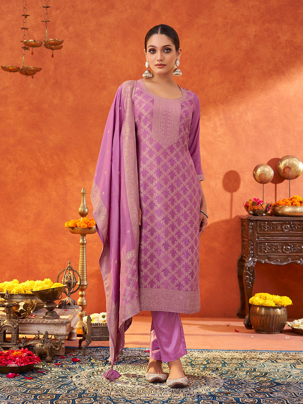 Women's Lavender Pure Muslin Woven Jacquard Kurta set with dupatta