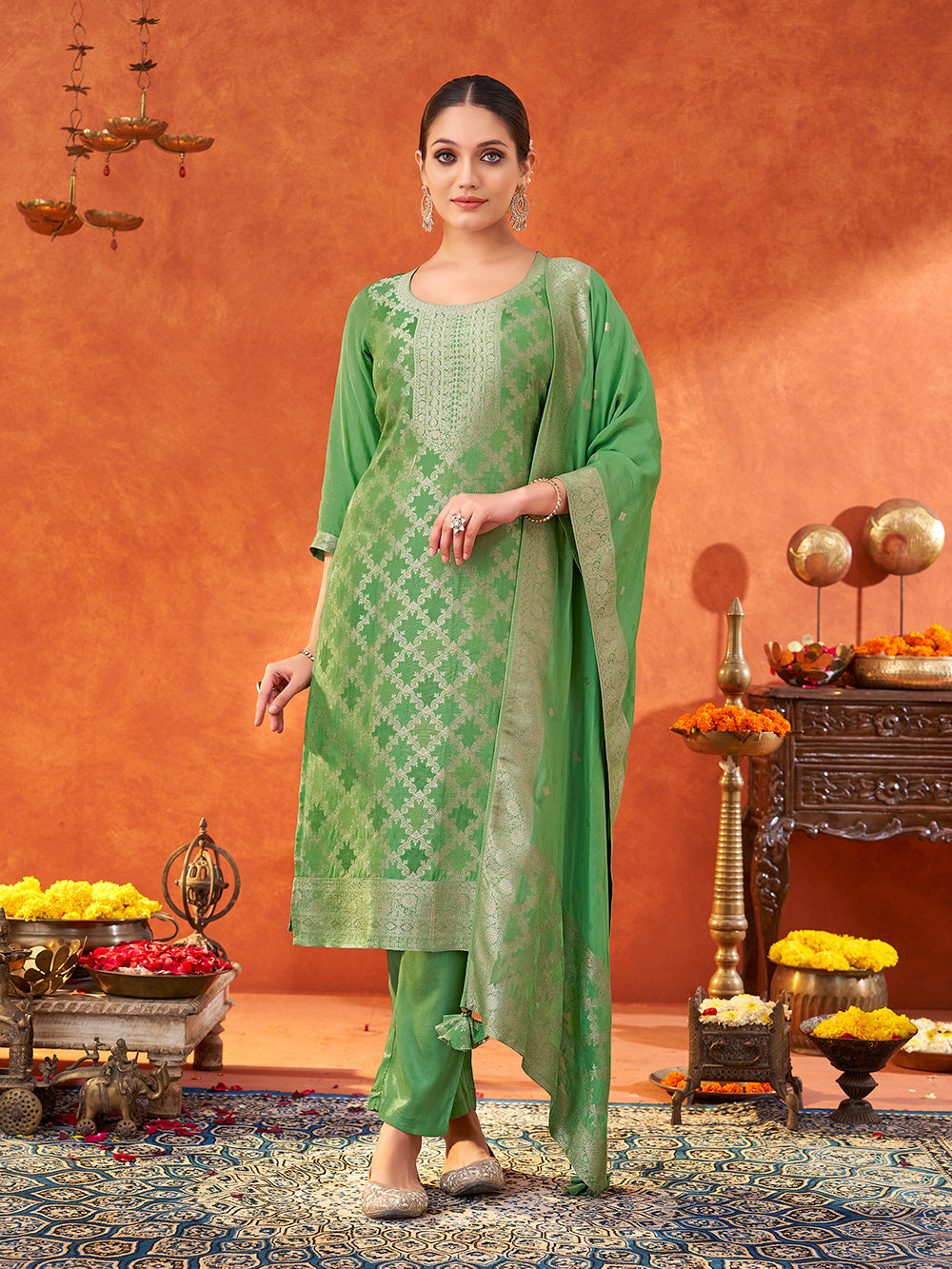 Women's Parrot Green Pure Muslin Woven Jacquard Kurta set with dupatta