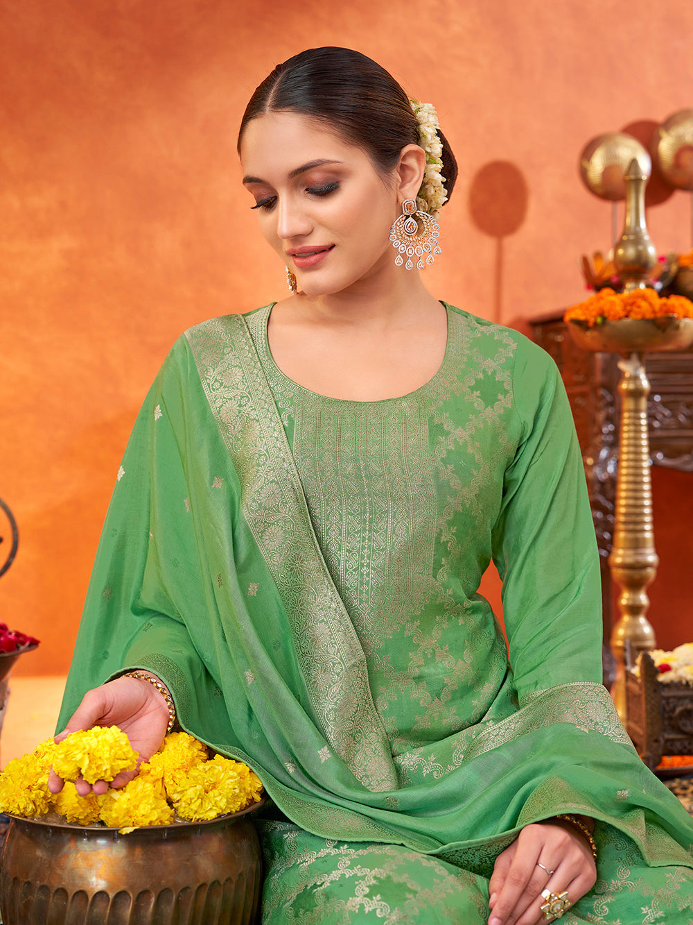 Women's Parrot Green Pure Muslin Woven Jacquard Kurta set with dupatta