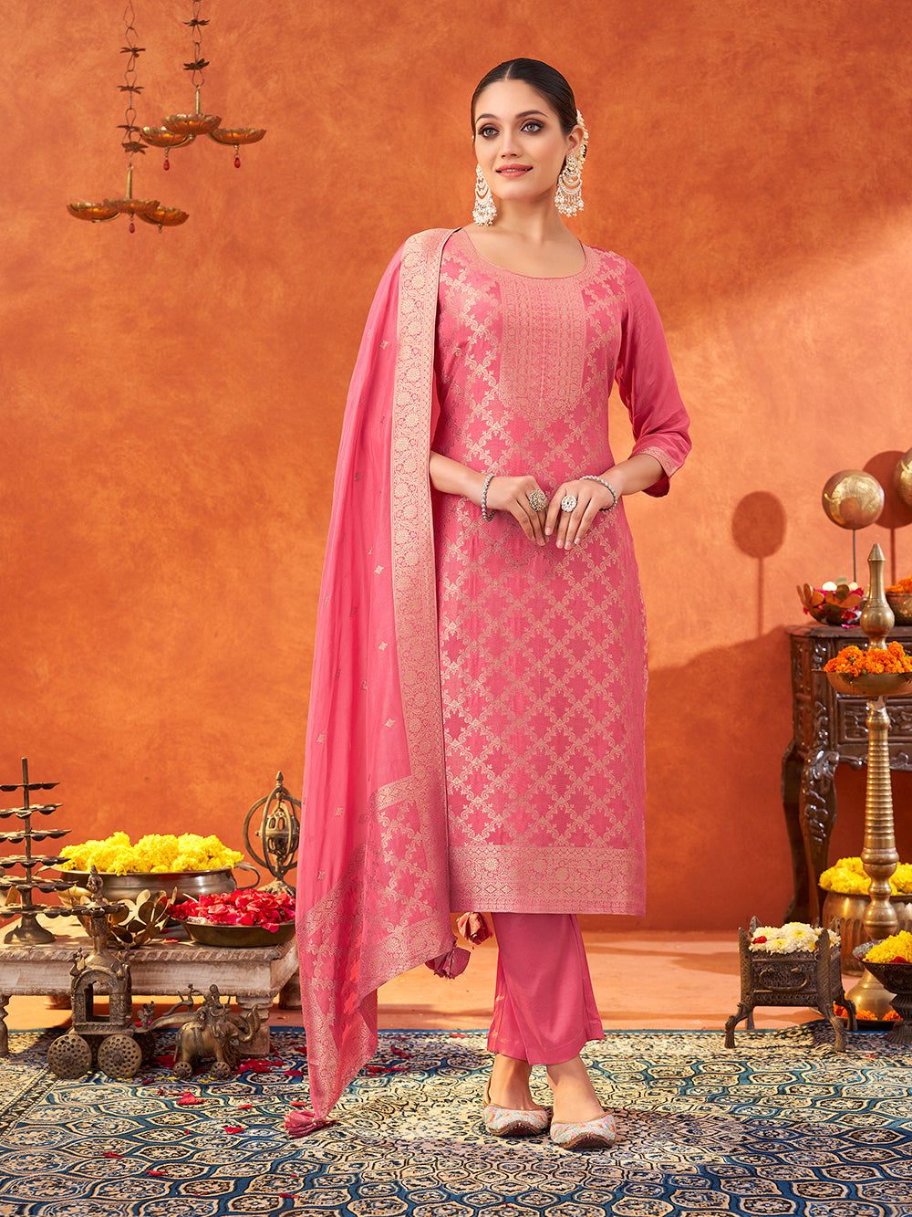 Women's Pink Pure Muslin Woven Jacquard Kurta set with dupatta