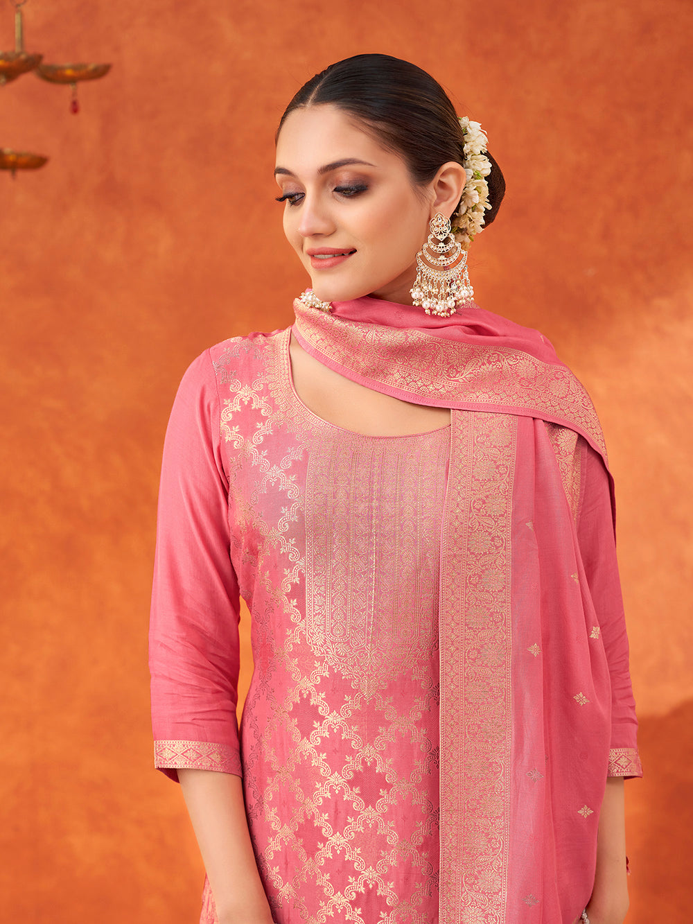 Women's Pink Pure Muslin Woven Jacquard Kurta set with dupatta