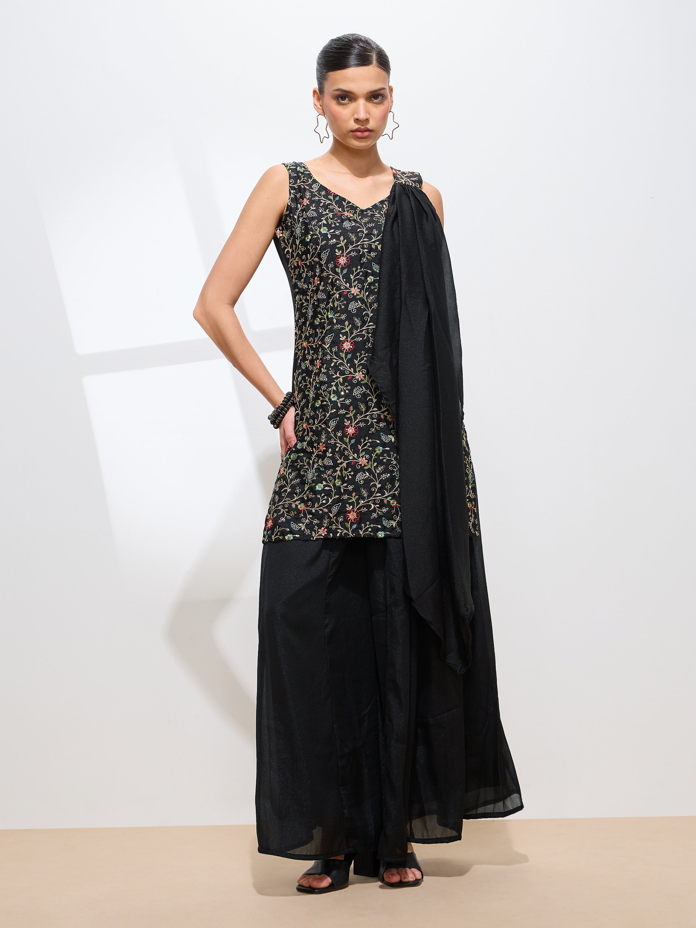 Women's Black Georgette Embroidered Sleeveless Kurta with Sharara & dupatta