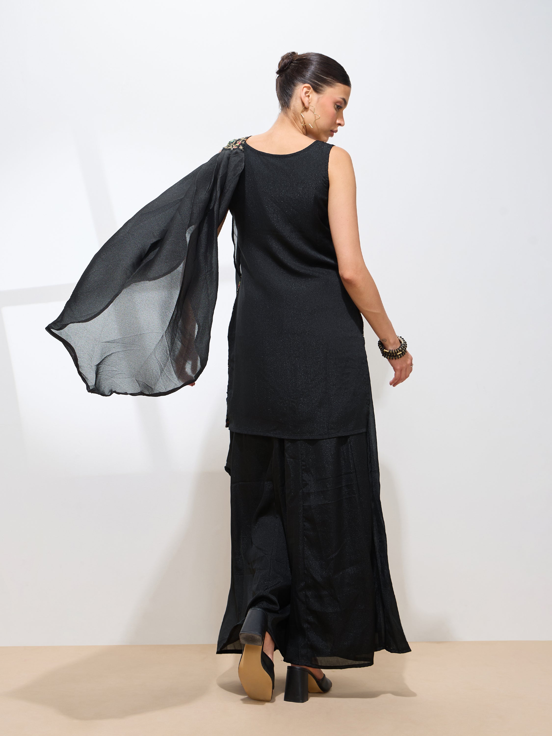 Women's Black Georgette Embroidered Sleeveless Kurta with Sharara & dupatta