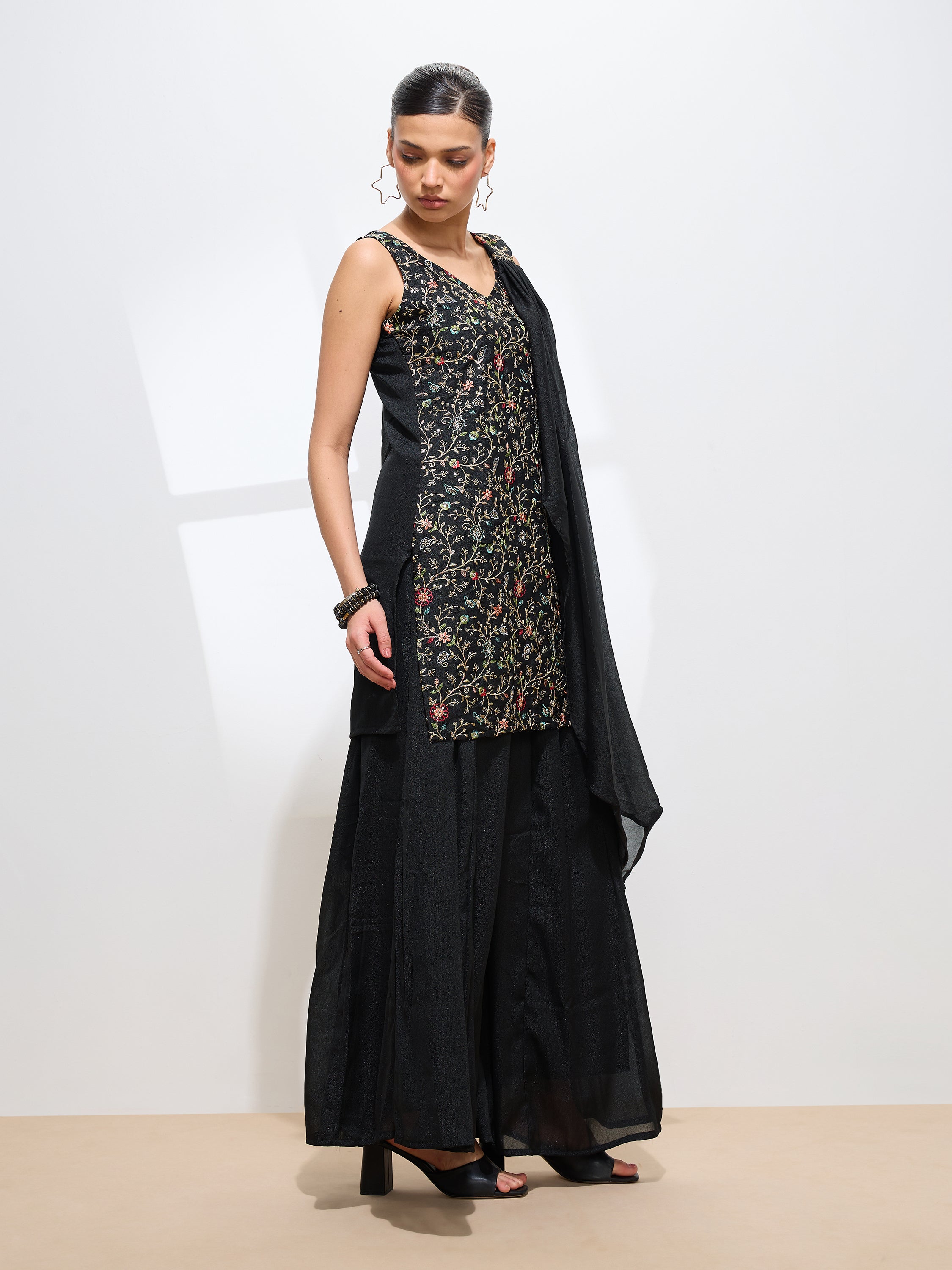 Women's Black Georgette Embroidered Sleeveless Kurta with Sharara & dupatta