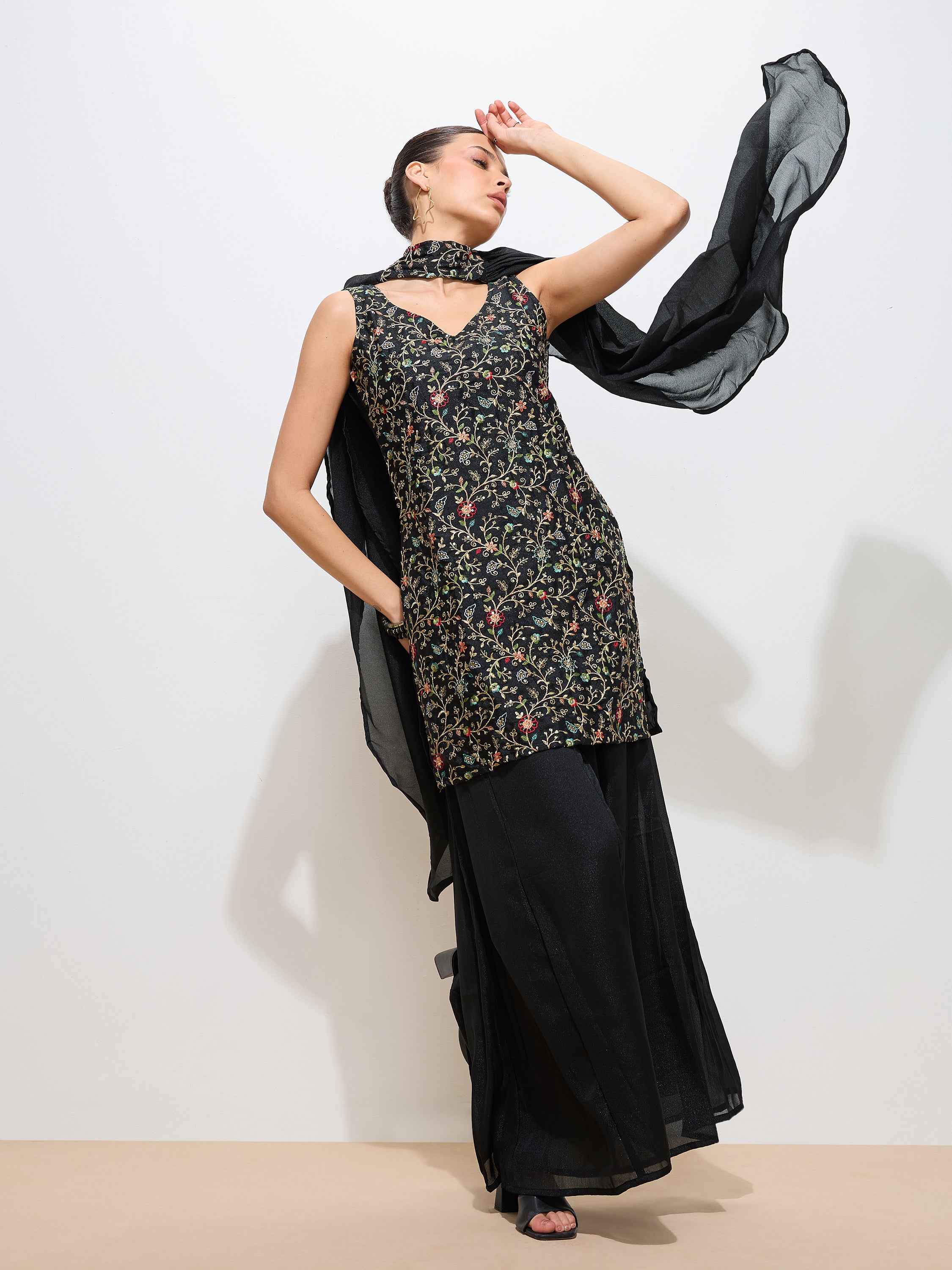 Women's Black Georgette Embroidered Sleeveless Kurta with Sharara & dupatta