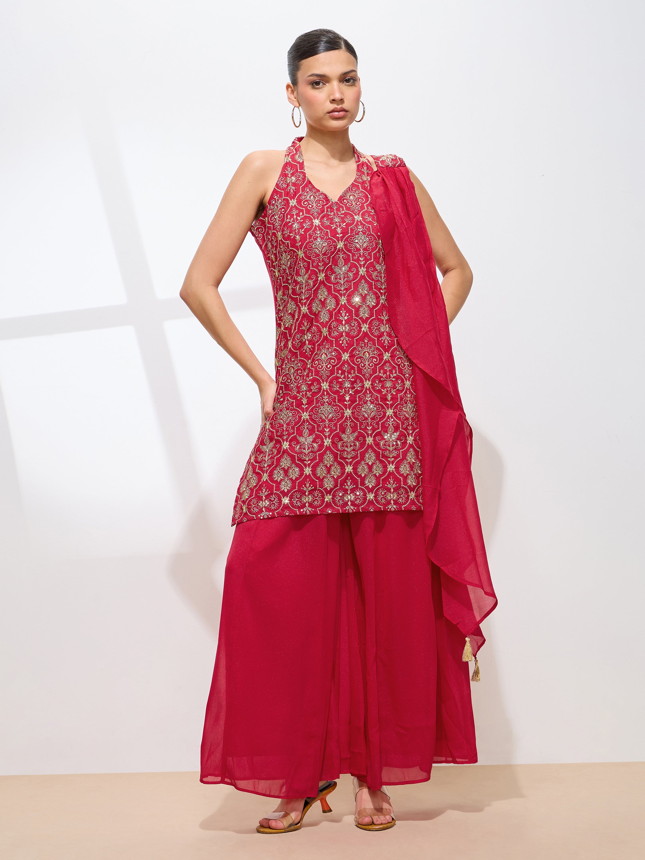 Women's Rani Georgette Embroidered Sharara set with dupatta