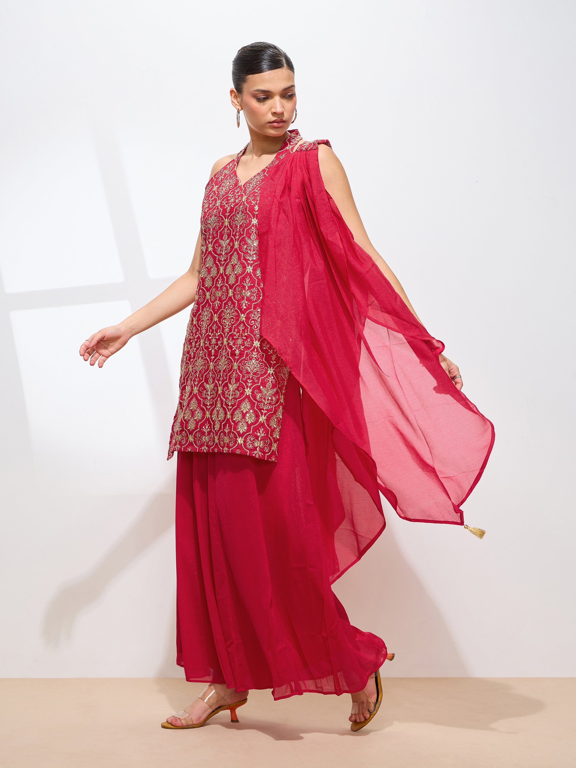 Women's Rani Georgette Embroidered Sharara set with dupatta