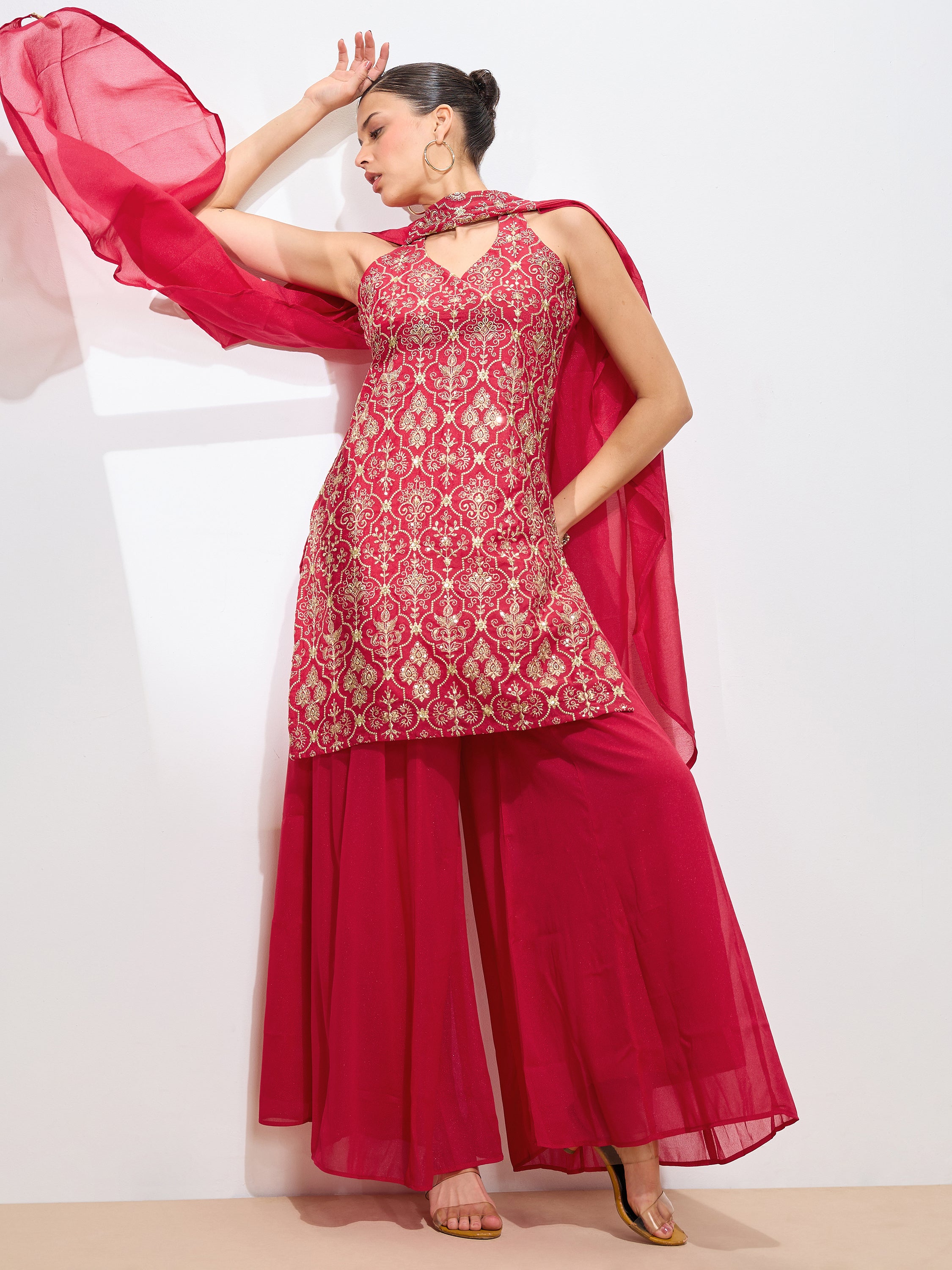 Women's Rani Georgette Embroidered Sharara set with dupatta