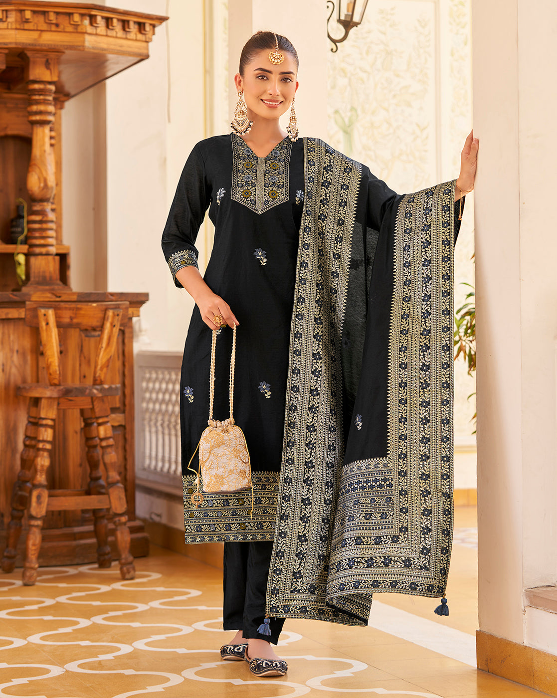 Women's Black Silk Blend Woven Design Kurta with Trouser & Woven Dupatta