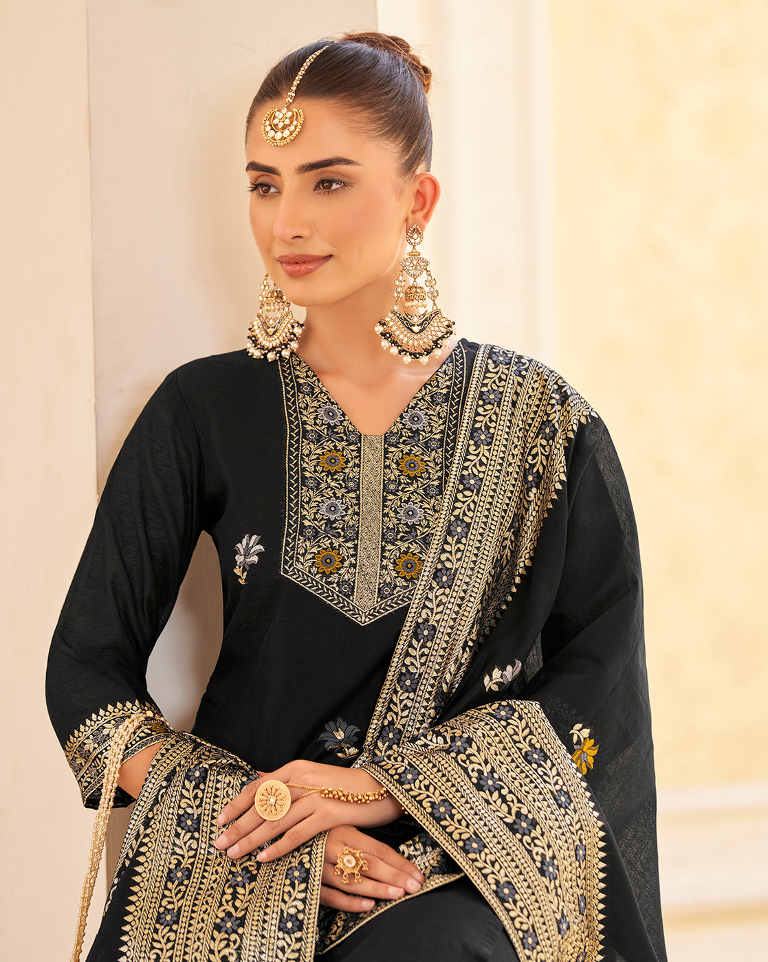 Women's Black Silk Blend Woven Design Kurta with Trouser & Woven Dupatta