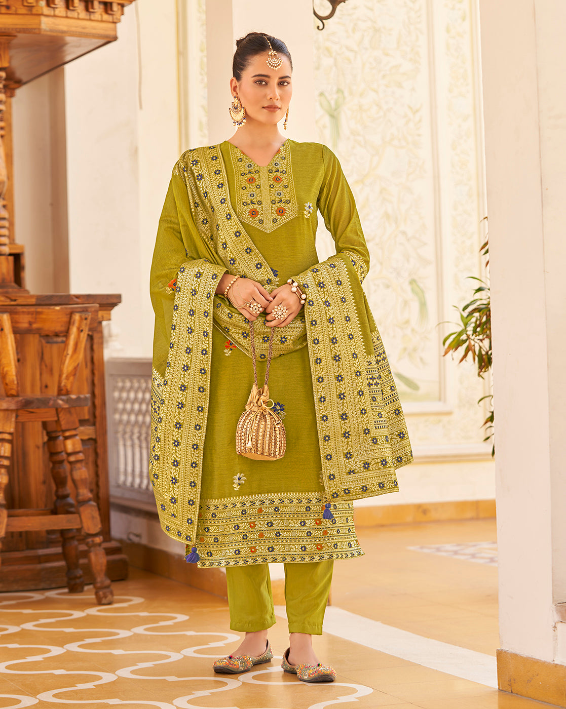 Women's Mustard Silk Blend Woven Design Kurta with Trouser & Woven Dupatta