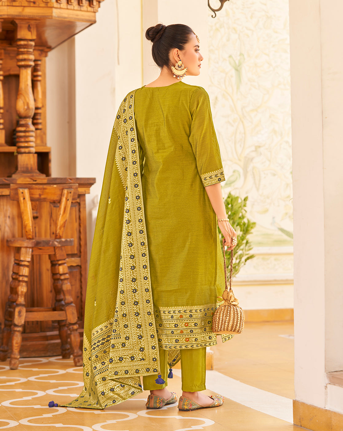 Women's Mustard Silk Blend Woven Design Kurta with Trouser & Woven Dupatta