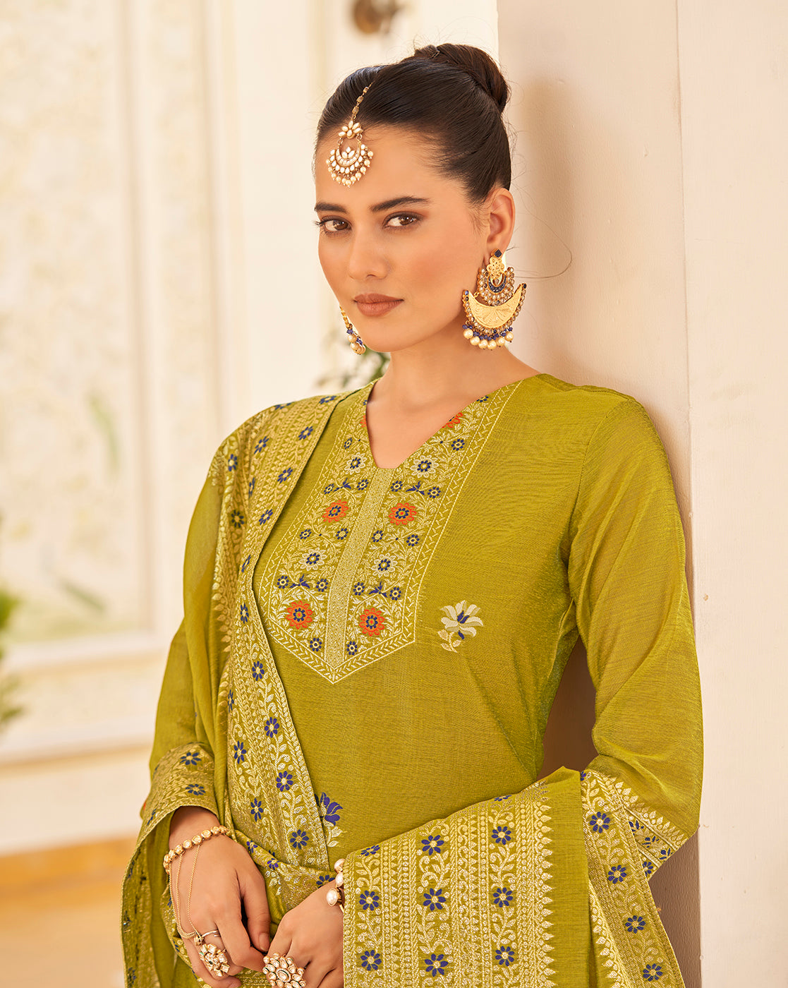 Women's Mustard Silk Blend Woven Design Kurta with Trouser & Woven Dupatta