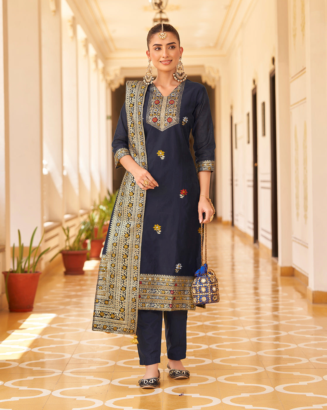 Women's Navy Blue Silk Blend Woven Design Kurta with Trouser & Woven Dupatta