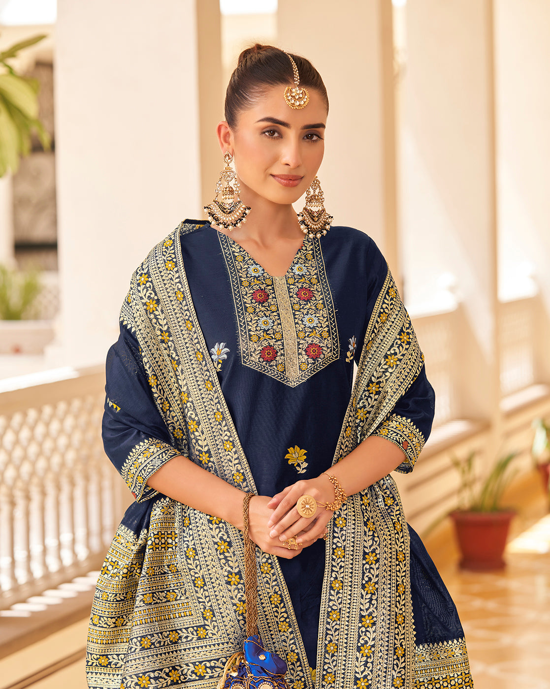 Women's Navy Blue Silk Blend Woven Design Kurta with Trouser & Woven Dupatta