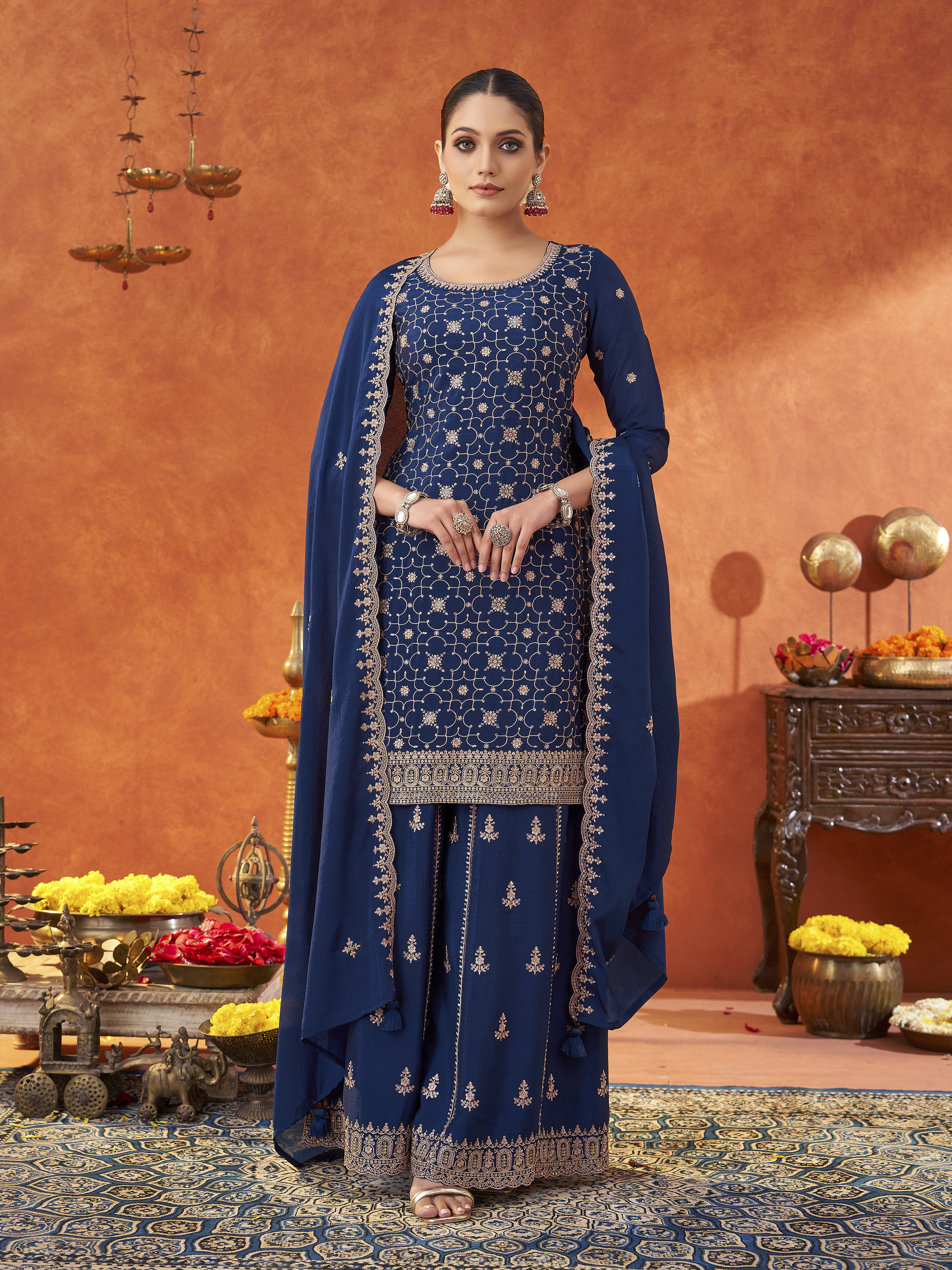 Women's Navy Poly chiffon Embroidered Sharara set with dupatta with scallop edge