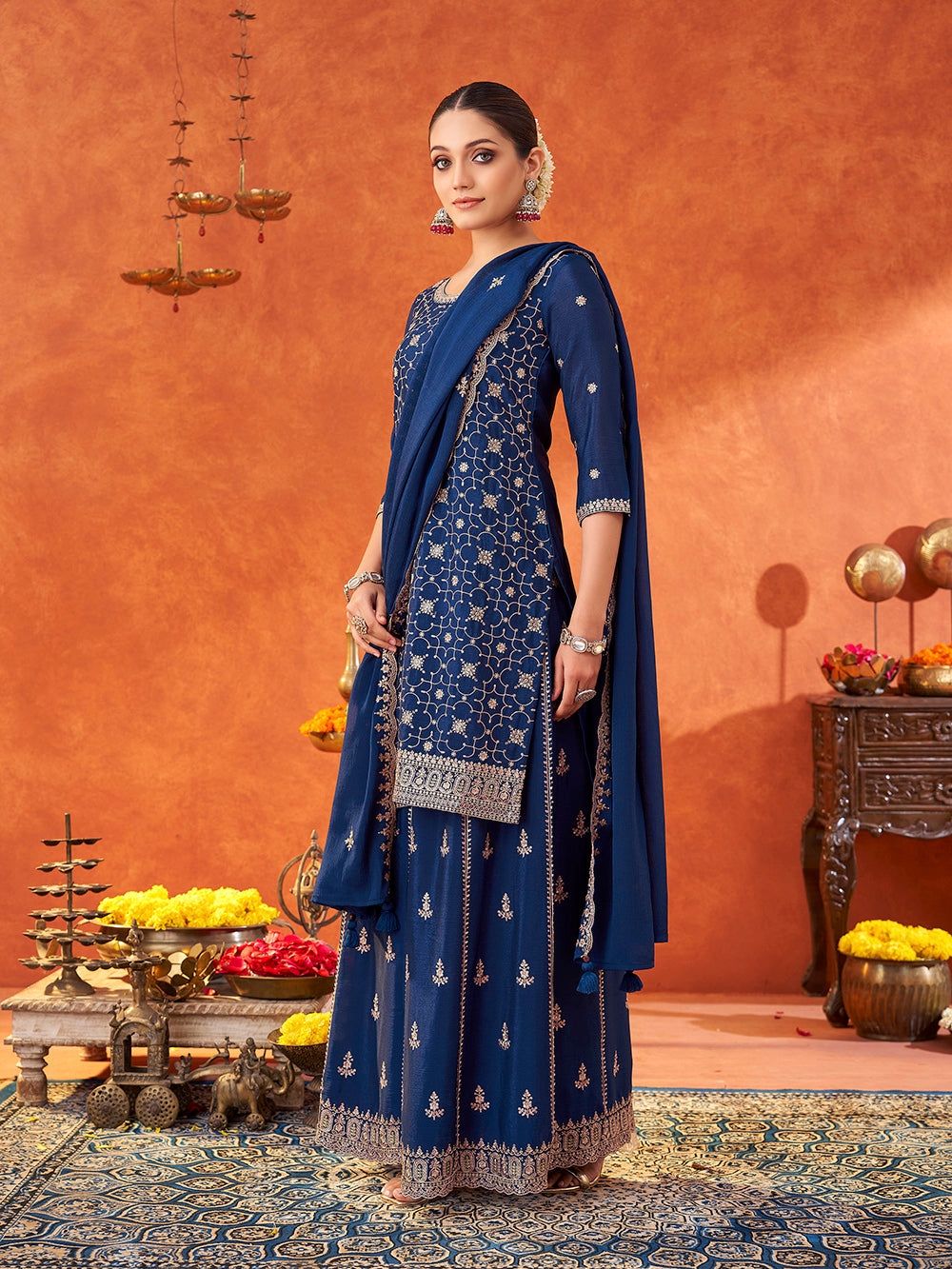 Women's Navy Poly chiffon Embroidered Sharara set with dupatta with scallop edge