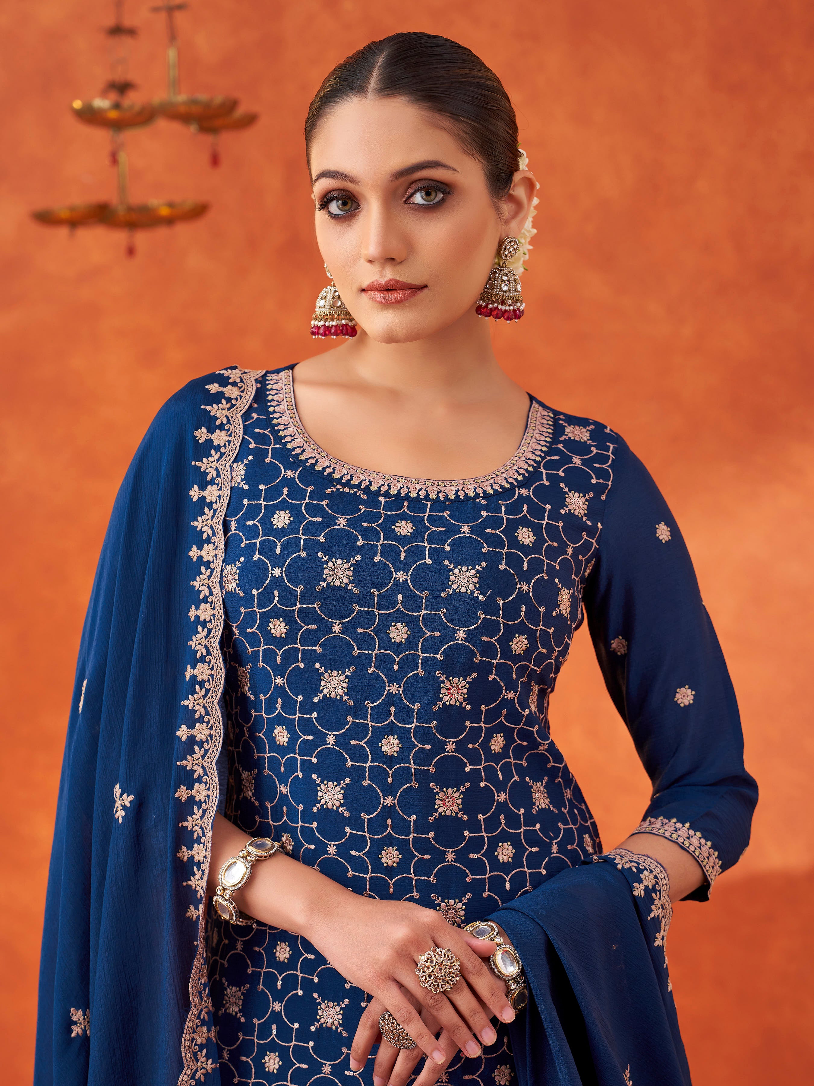 Women's Navy Poly chiffon Embroidered Sharara set with dupatta with scallop edge