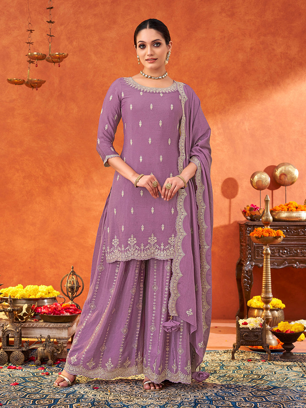 Women's Lavender Poly chiffon Embroidered Sharara set with dupatta with scallop edge