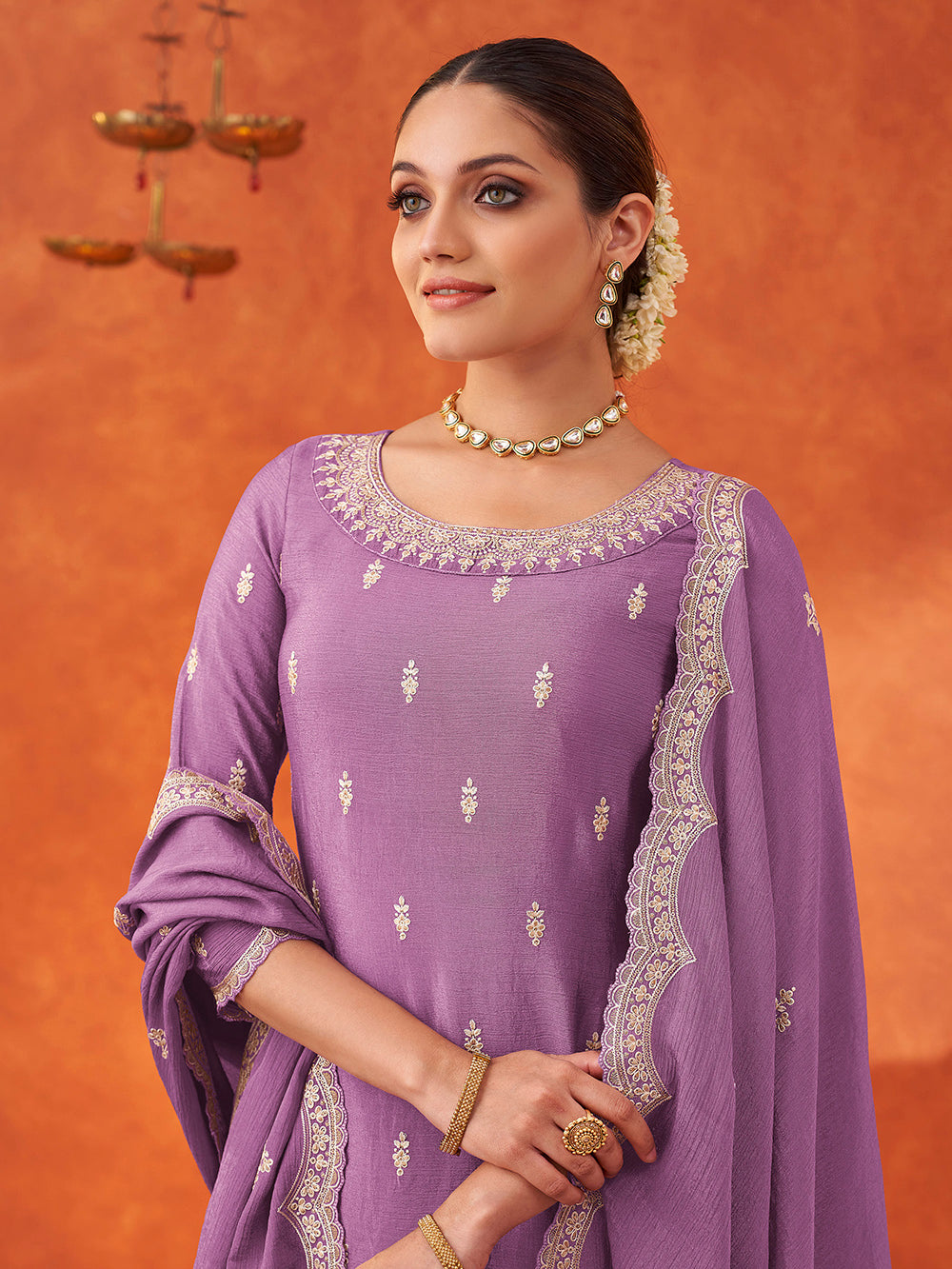 Women's Lavender Poly chiffon Embroidered Sharara set with dupatta with scallop edge