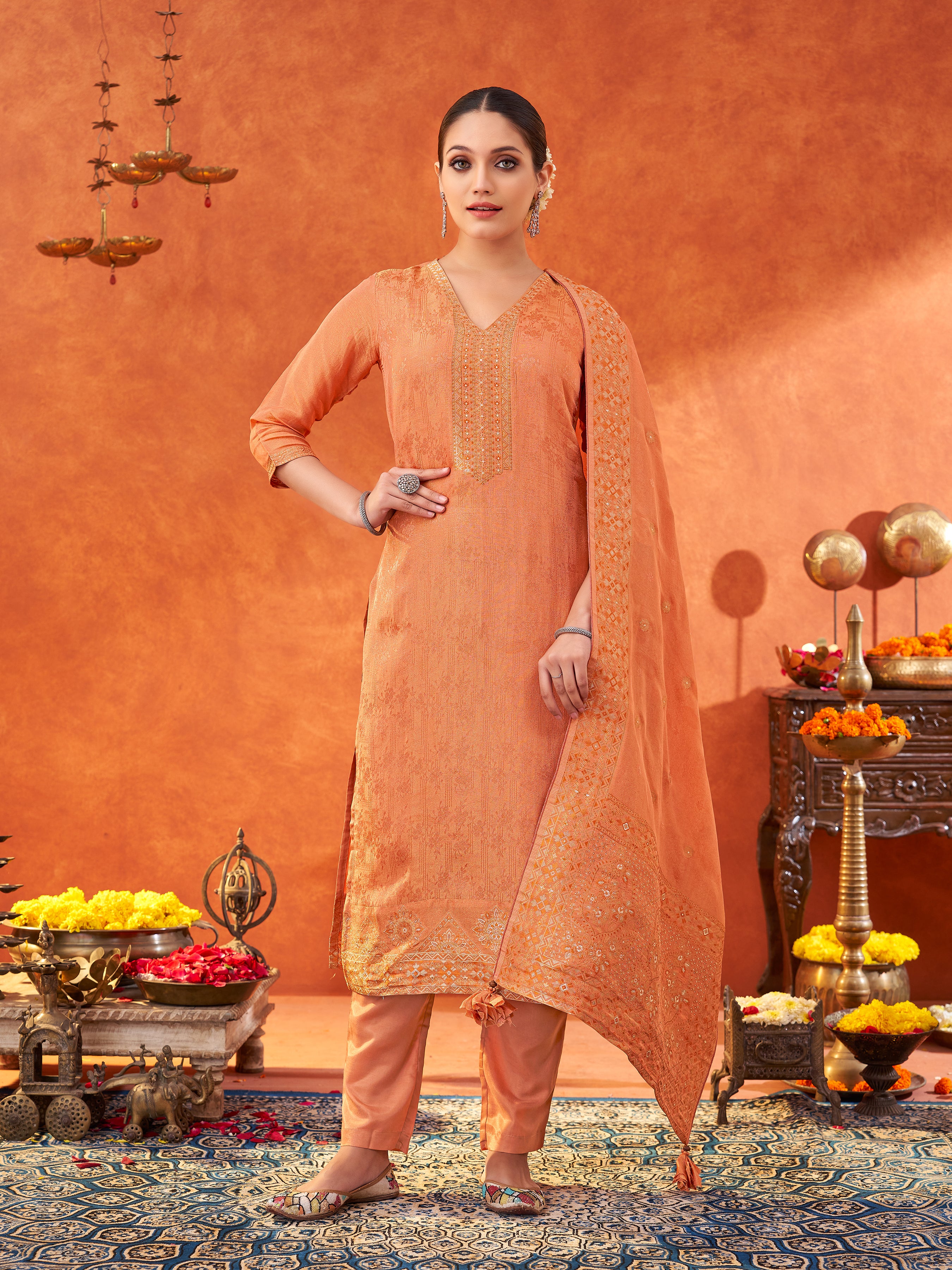 Women's Peach Pure Gold Tissue Silk Woven Jacquard Kurta set with dupatta