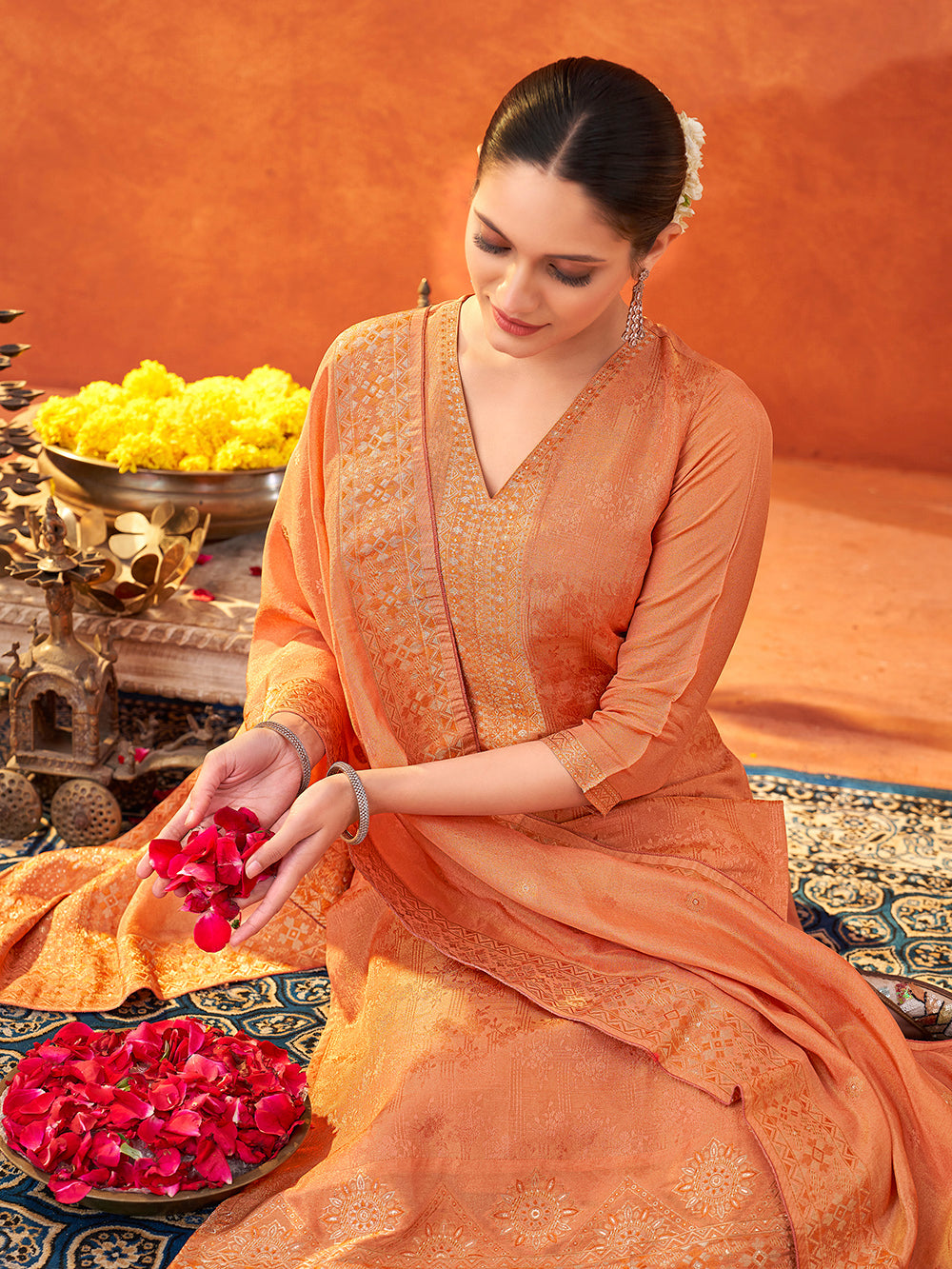 Women's Peach Pure Gold Tissue Silk Woven Jacquard Kurta set with dupatta