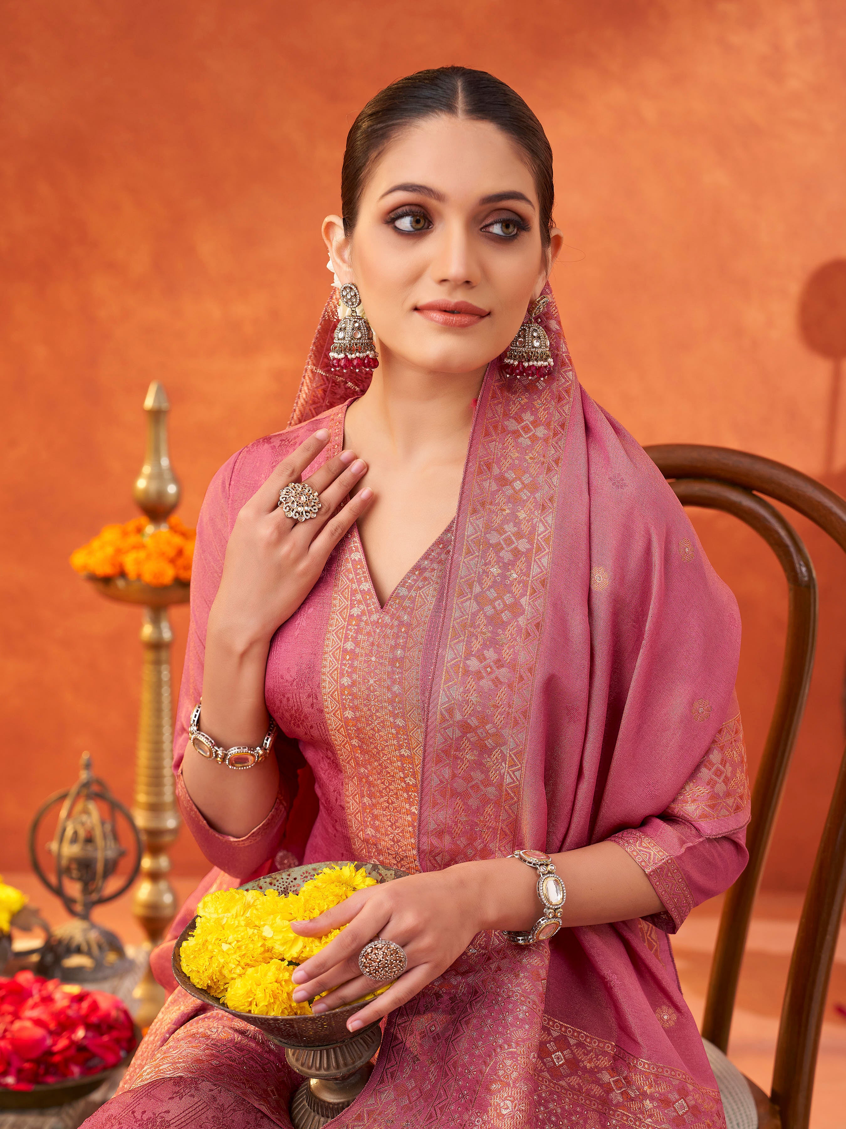 Women's Pink Pure Gold Tissue Silk Woven Jacquard Kurta set with dupatta
