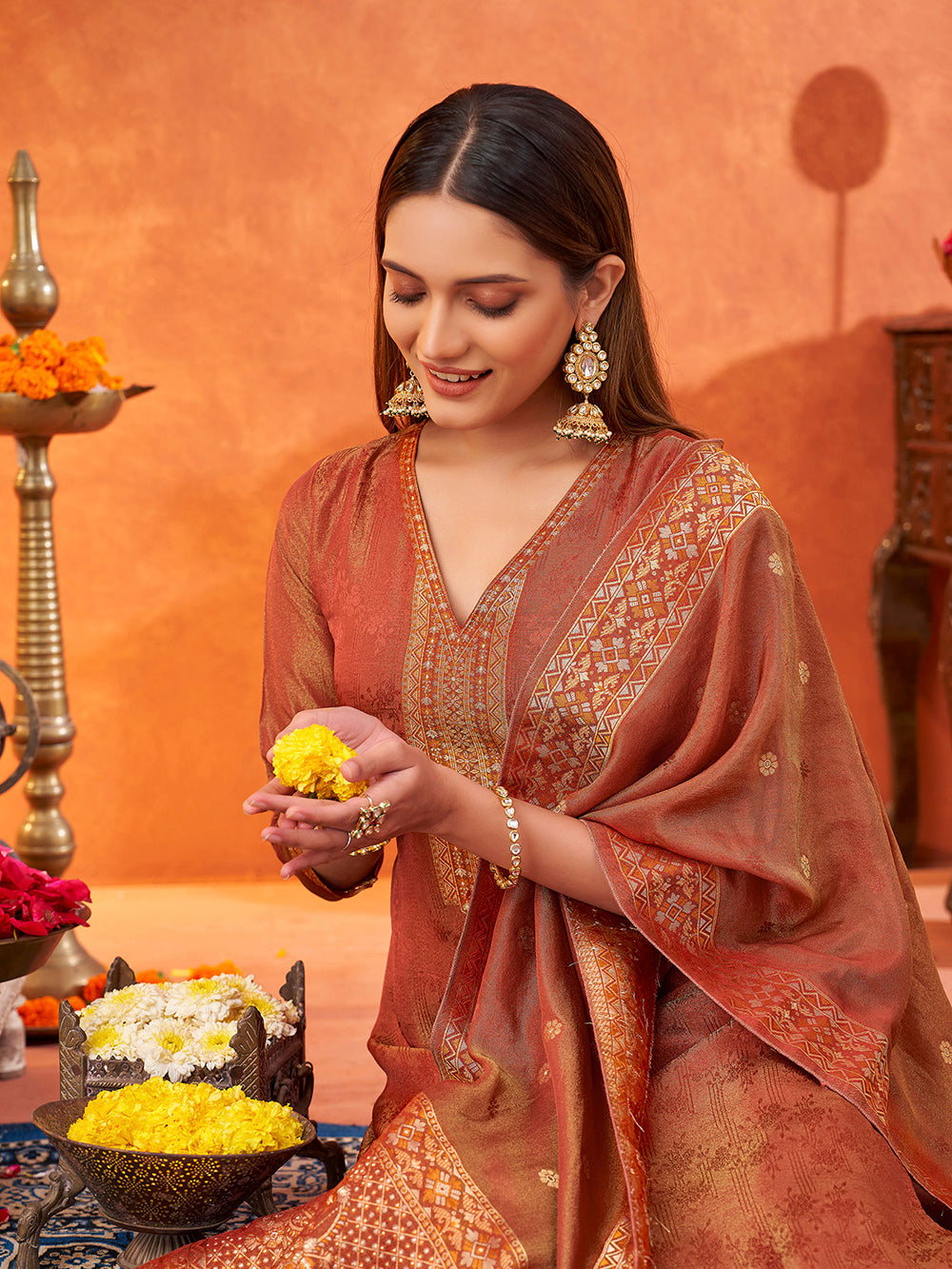 Women's Red Pure Gold Tissue Silk Woven Jacquard Kurta set with dupatta