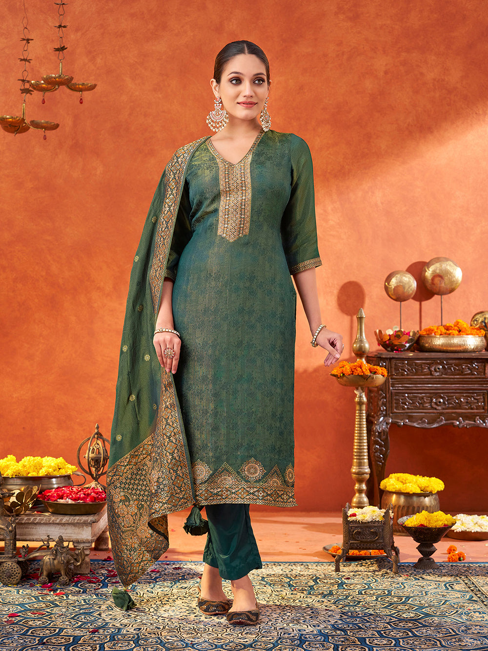 Women's Teal Pure Gold Tissue Silk Woven Jacquard Kurta set with dupatta