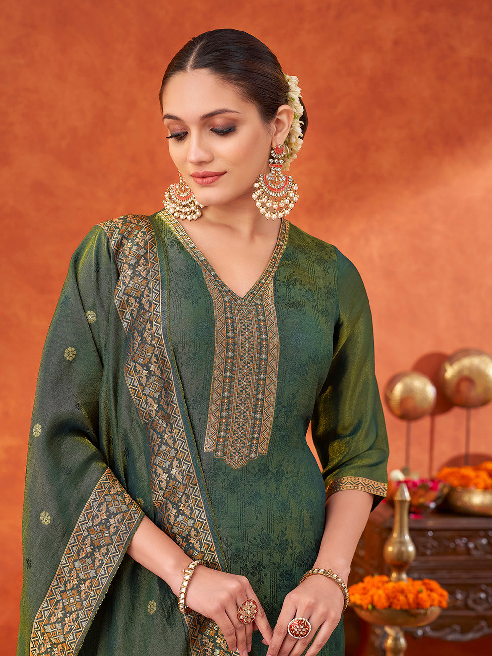 Women's Teal Pure Gold Tissue Silk Woven Jacquard Kurta set with dupatta