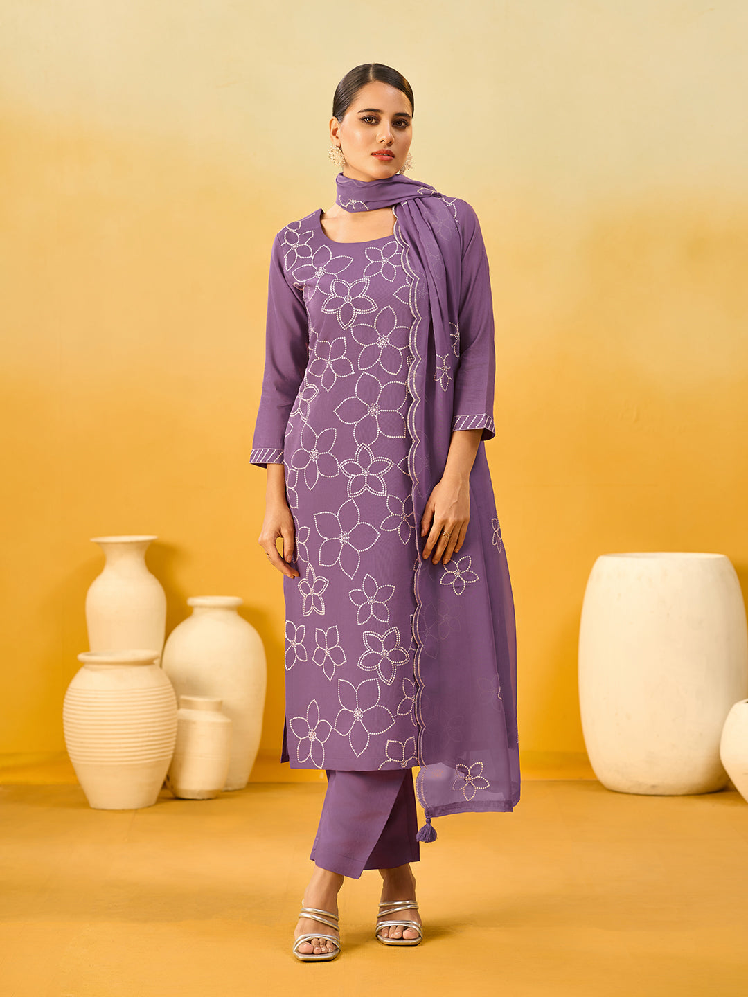 Women's Lavender Silk Blend Embroidered Kurta set with dupatta