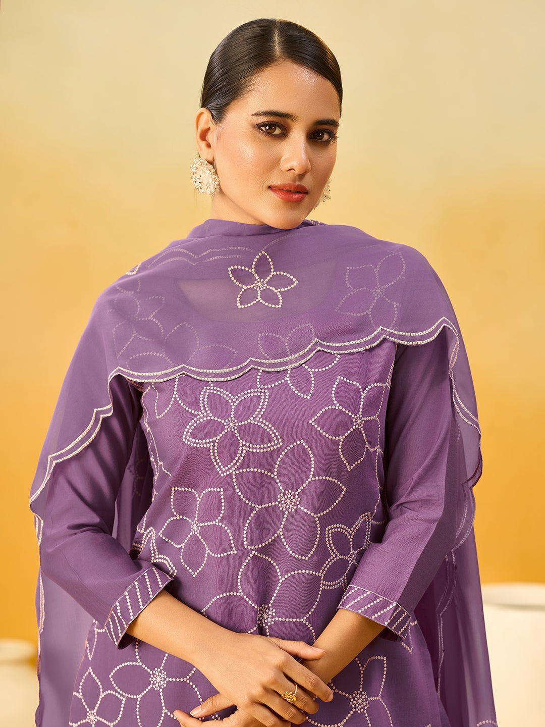Women's Lavender Silk Blend Embroidered Kurta set with dupatta