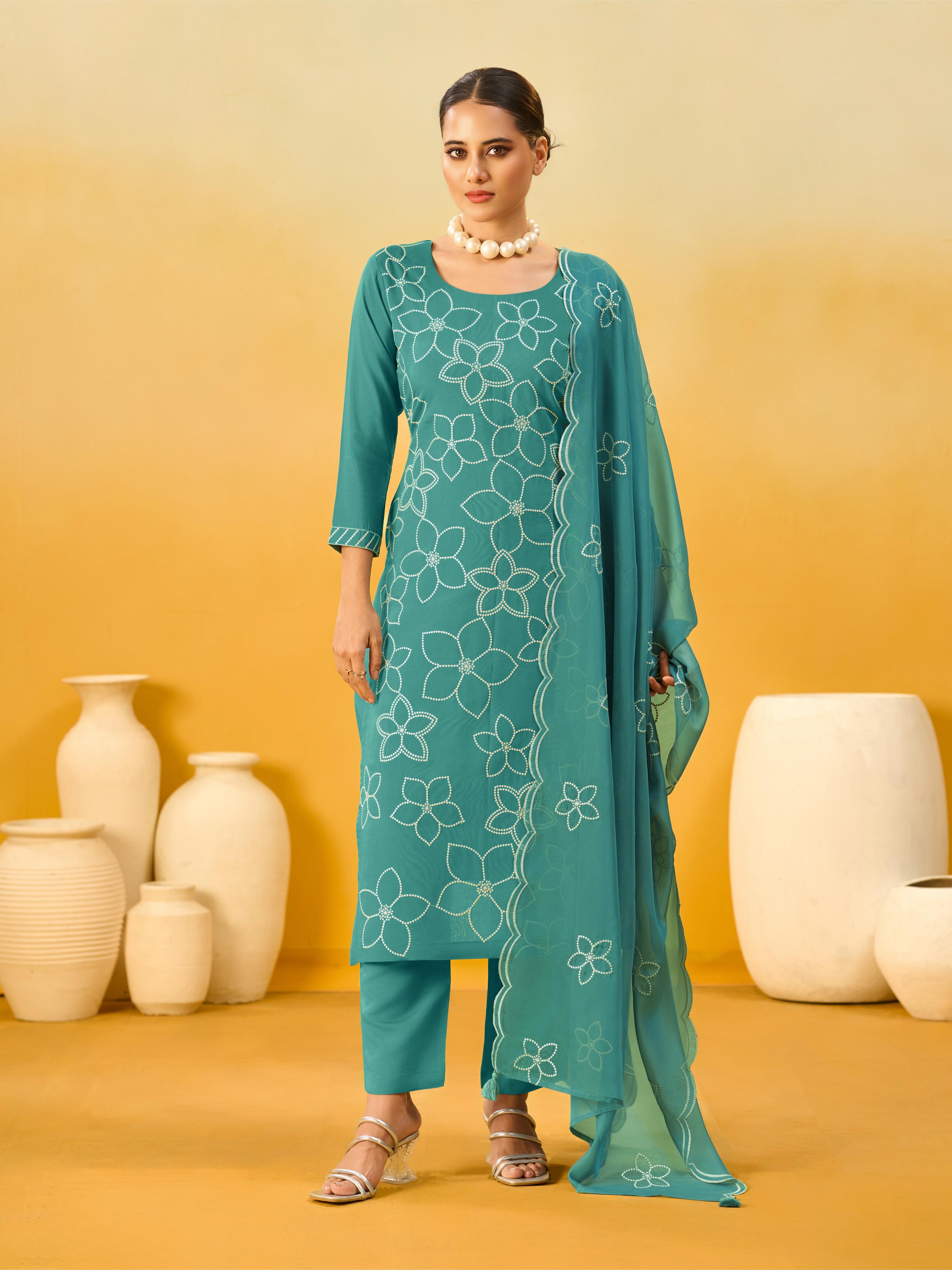 Women's Teal Silk Blend Embroidered Kurta set with dupatta