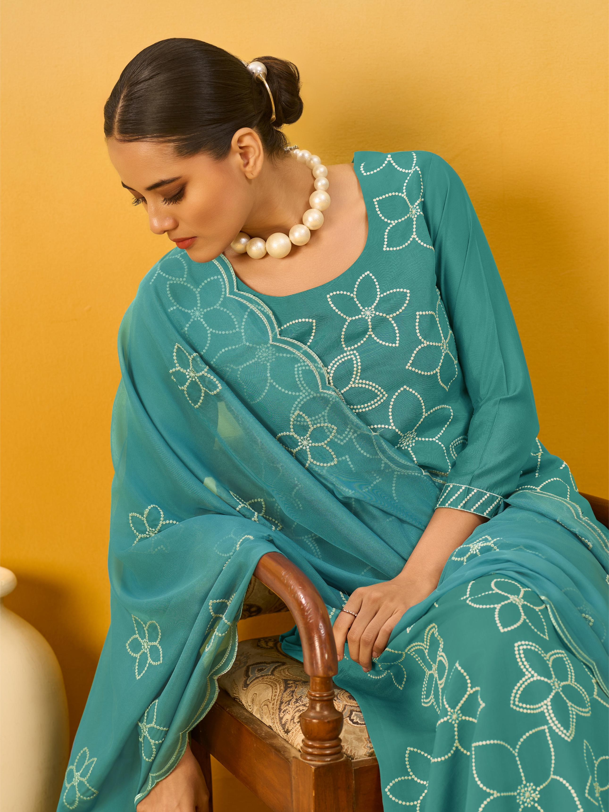 Women's Teal Silk Blend Embroidered Kurta set with dupatta
