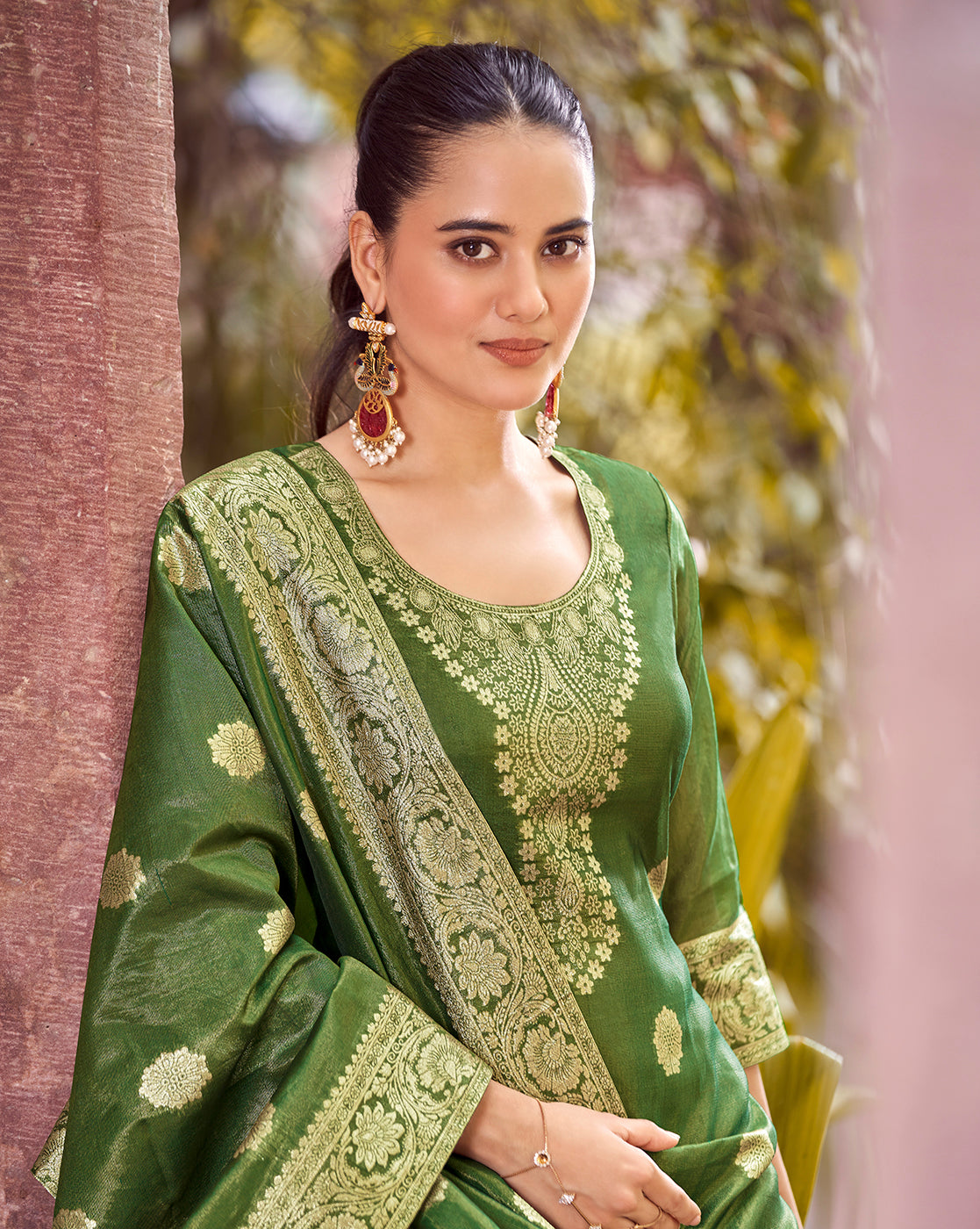 Women's Green Silk Blend Woven Design Kurta with Trouser & Woven Dupatta
