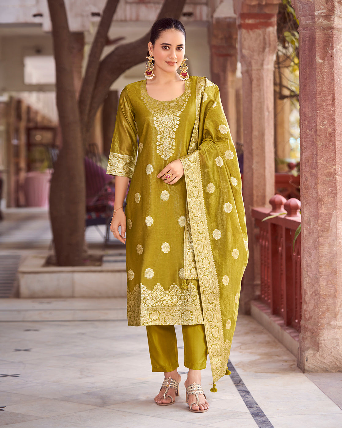 Women's Mustard Silk Blend Woven Design Kurta with Trouser & Woven Dupatta