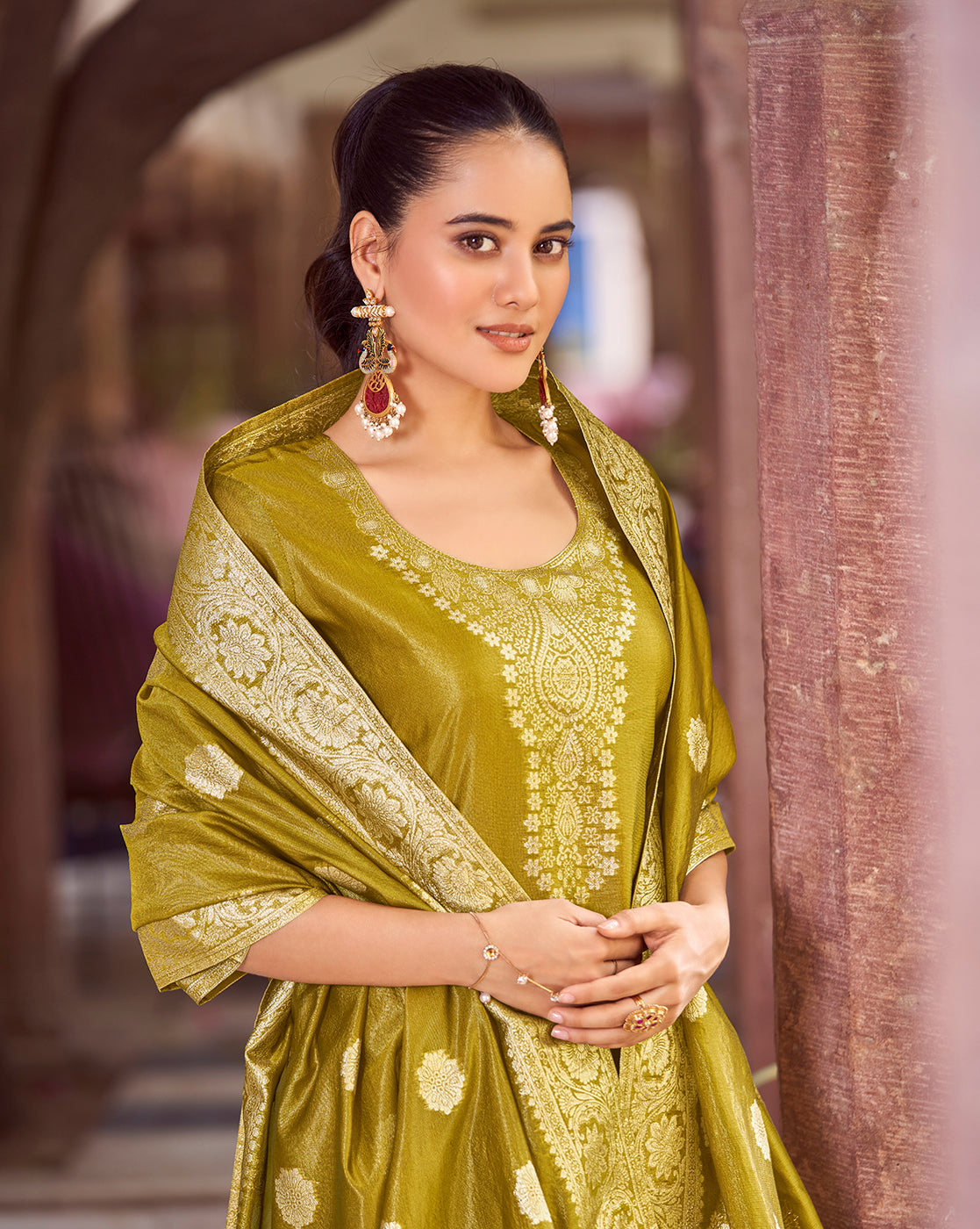 Women's Mustard Silk Blend Woven Design Kurta with Trouser & Woven Dupatta