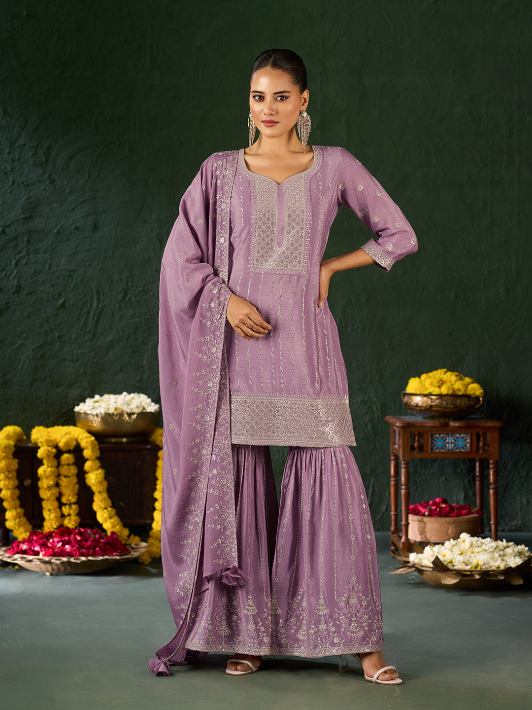 Women's Lavender Poly chiffon Embroidered Kurta set with dupatta