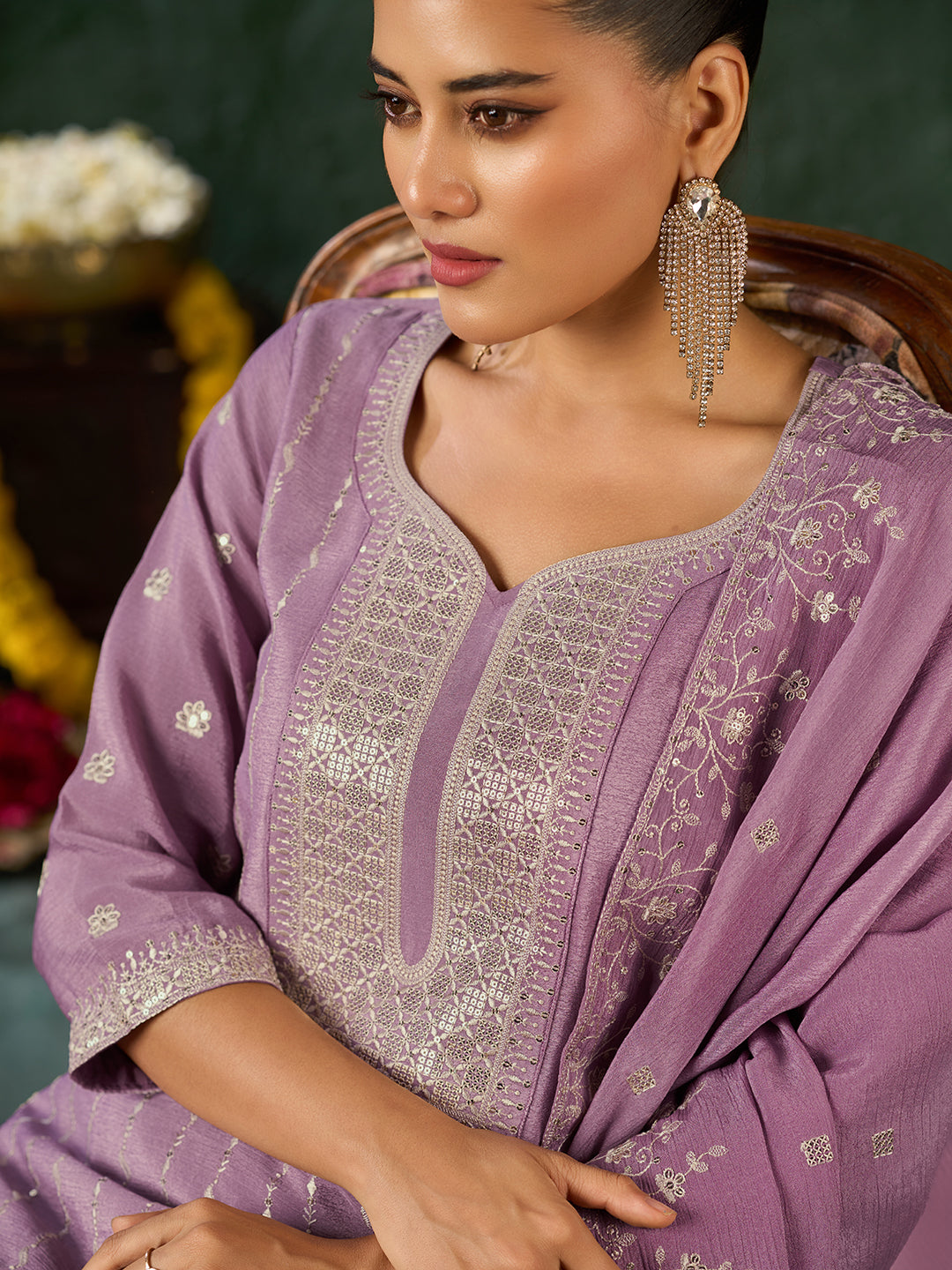 Women's Lavender Poly chiffon Embroidered Kurta set with dupatta