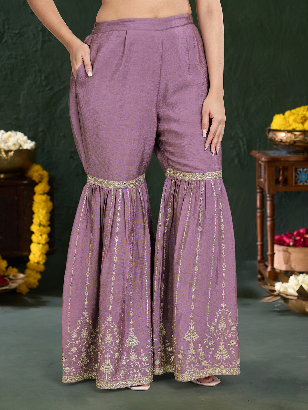 Women's Lavender Poly chiffon Embroidered Kurta set with dupatta